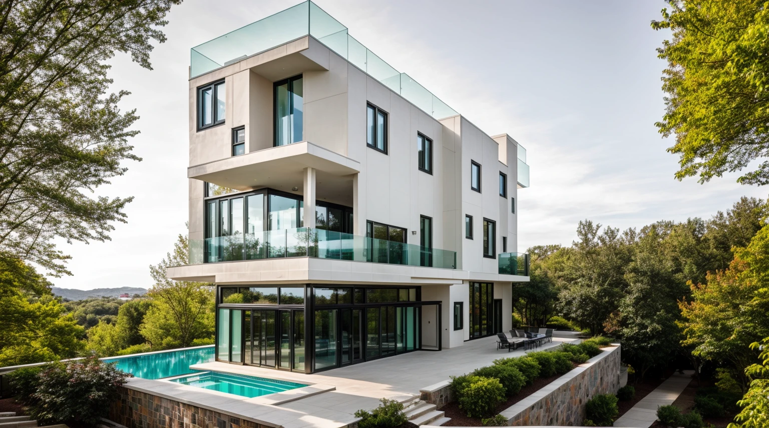 exterior of highrise hotel building, contemporary style, inspired of Norman Forster, glass with steel frame facade, 5 stars hotel design, beautiful landscape, stone pavement,cars, RAW photo, 8k uhd, dslr, soft lighting, high quality, film grain, Fujifilm XT3,masterpiece,