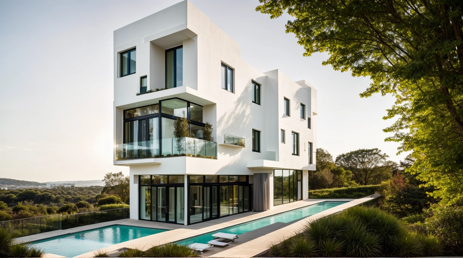 exterior of highrise hotel building, contemporary style, inspired of Norman Forster, glass with steel frame facade, 5 stars hotel design, beautiful landscape, stone pavement,cars, RAW photo, 8k uhd, dslr, soft lighting, high quality, film grain, Fujifilm XT3,masterpiece,