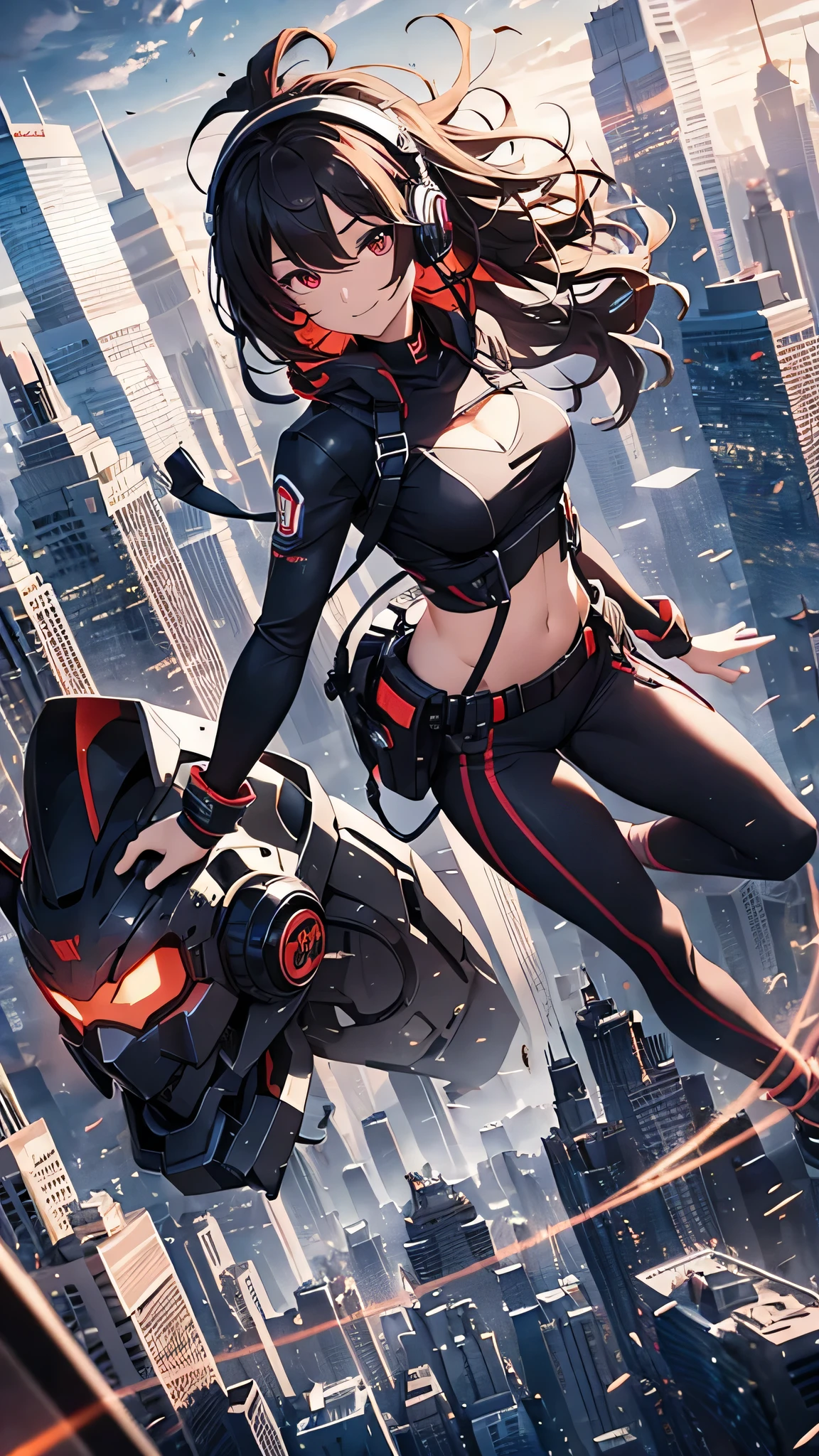 Highest quality、Highest quality、Masterpiece、girl((half、18-year-old、as soon as、Highest Bust、Medium Bust、Wide open chest、Red glowing eyes、Black Ear、Red Mesh、Disheveled Hair、Loincloth、thin、The best valley、Open chest、hair ornaments、Full body view、pants、Sports Bra、Random Pause、smile、headphone))、high quality、Beautiful Art、background((Collapsing Ground、no gravity、Floating Object、City of night))、flight、Flying Debris、Depth of text、movie、Visual Arts、Perfect Art、8K、Genuine、Special Angles