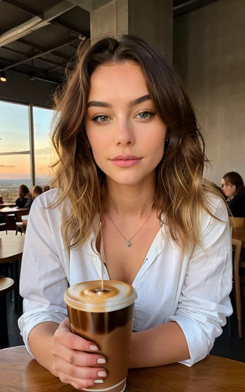 Jolie belle blonde avec un pull jaune (Drinking coffee in a modern cafe at sunset), very detailed, , visage innocent, naturally wavy hair, yeux bleus, high resolution, Chef-d&#39;artwork, Best quality, Intricate details, very detailed, Sharpness, detailed skin, Realistice Hauttextur, texture, detailed eyes, professionnel, 4k, Sourire charmant, prise avec Canon, 85 millimeters, Light depth of field, Kodak Vision Couleur, corps parfaitement ajusté, Extremely detailed, Photo_\(ultra\), fotoRealistic, Realistic, post-traitement, Maximum details, roughness, vrai vie, ultraRealistic, Photorealismus, Photografie, 8K UHD, Photografie