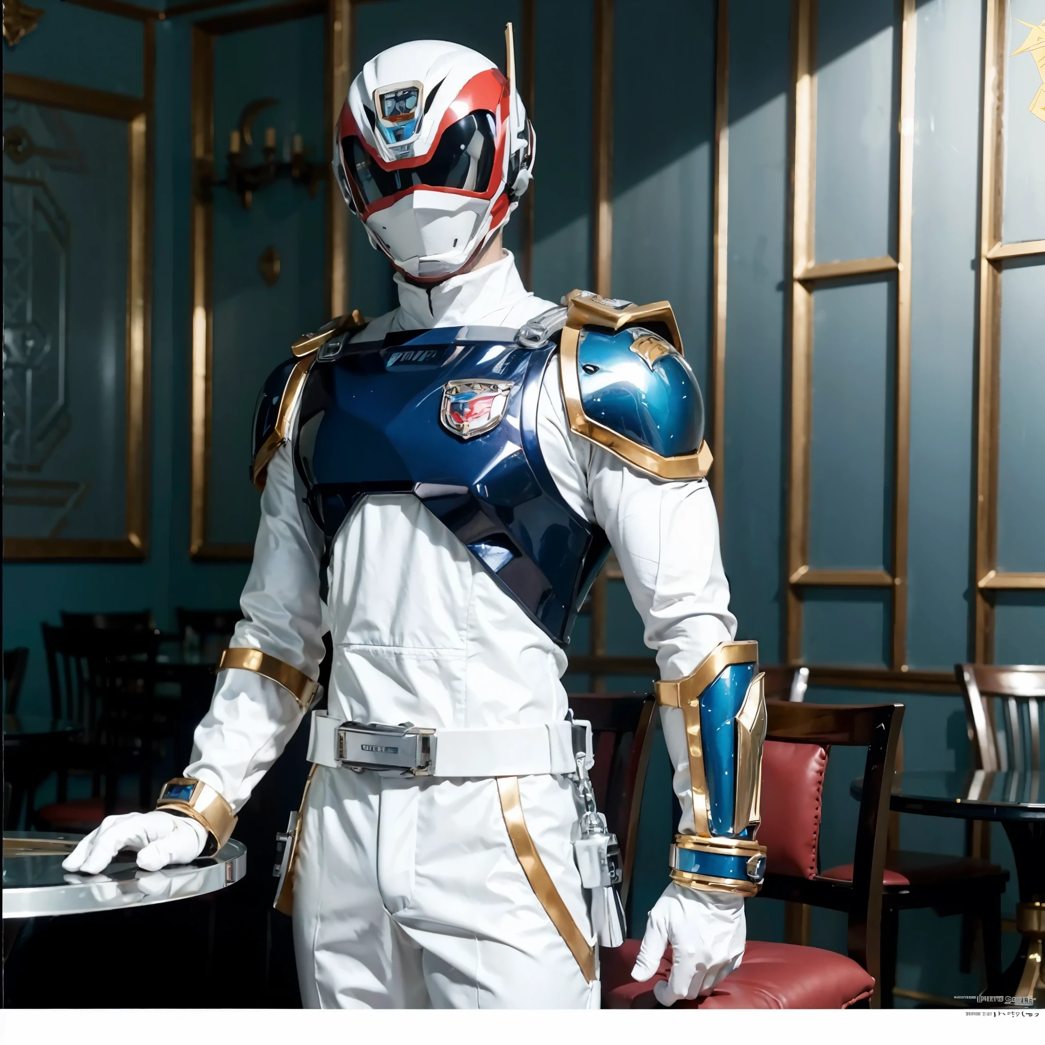 Fantasy background, cafe rpg style, empty chair, table, set of tea glass, (power rangers)), One guy、, ((white ranger suit)), red and blue chest armor with gold details,   costume, Solo, ((fit figure)), (Anatomically correct), Cowboy shot, masked face, guns, muscular build