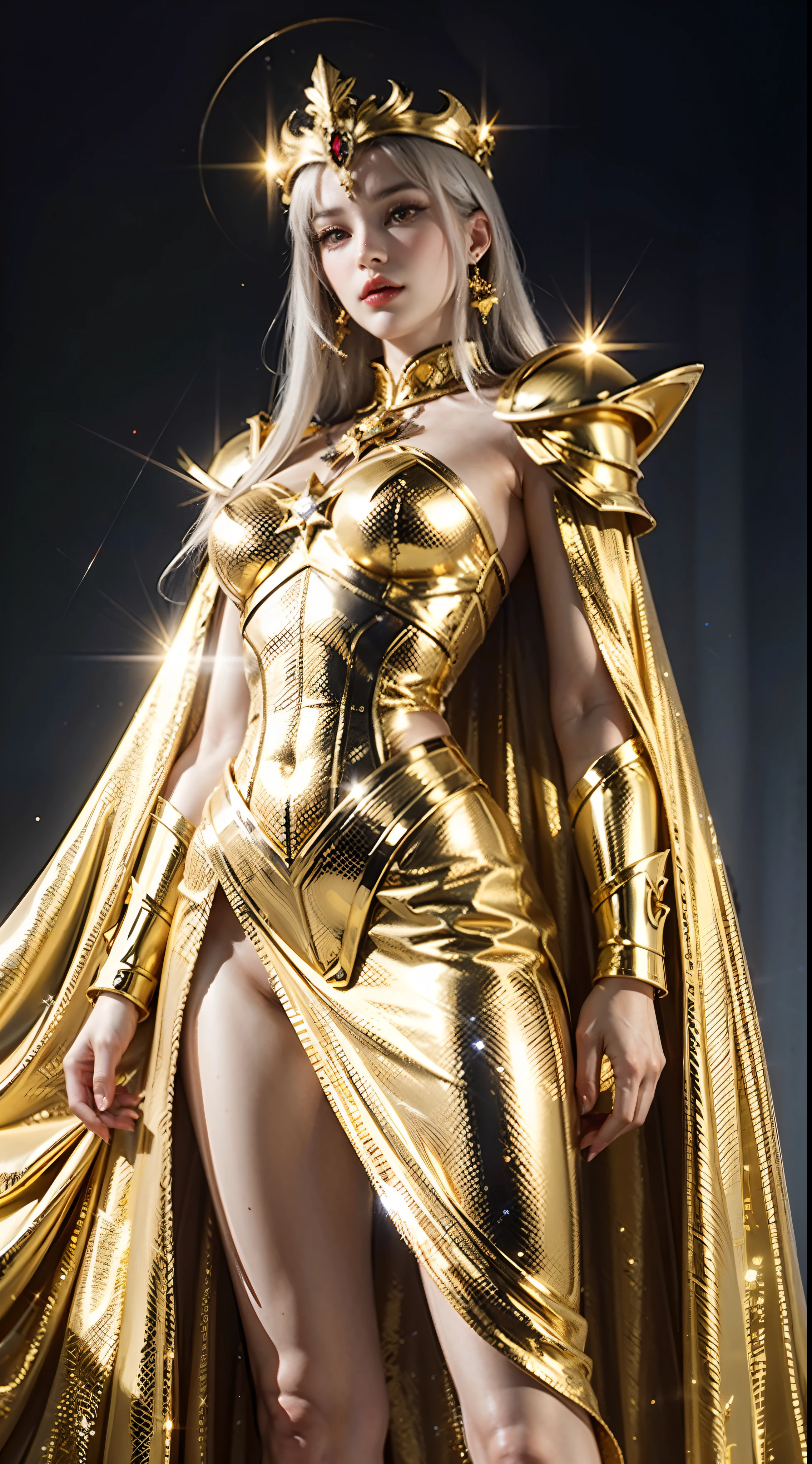 Close-up：A man in golden clothes、Woman in white cloak, 图案精美的Gold Armor, sailor galaxy, God Emperor of Humanity, Gold Armor, Saint Seiya, Gold Paladin, Light gold armor, Welcome, Wearing gold armor, Wearing golden armor, Gold armor, 身披Gold Armor, The Welcomes of gold, Attractive, model standing，The whole body sparkles like a diamond，