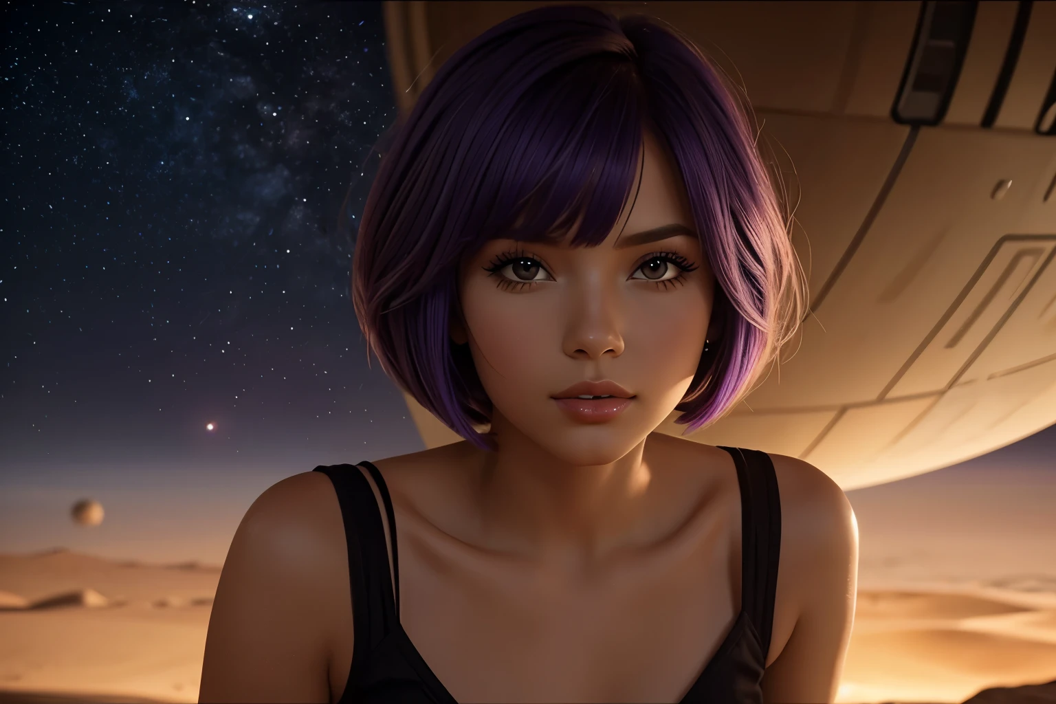 (masterpiece, best quality:1.2), realistic, bellissima, 1girl, short bob haircut, bangs, purple hair, eyeliner, lipstick, midshot BREAK bery short silver dress, shi fi movies, space ship, on mars, wind, red dust