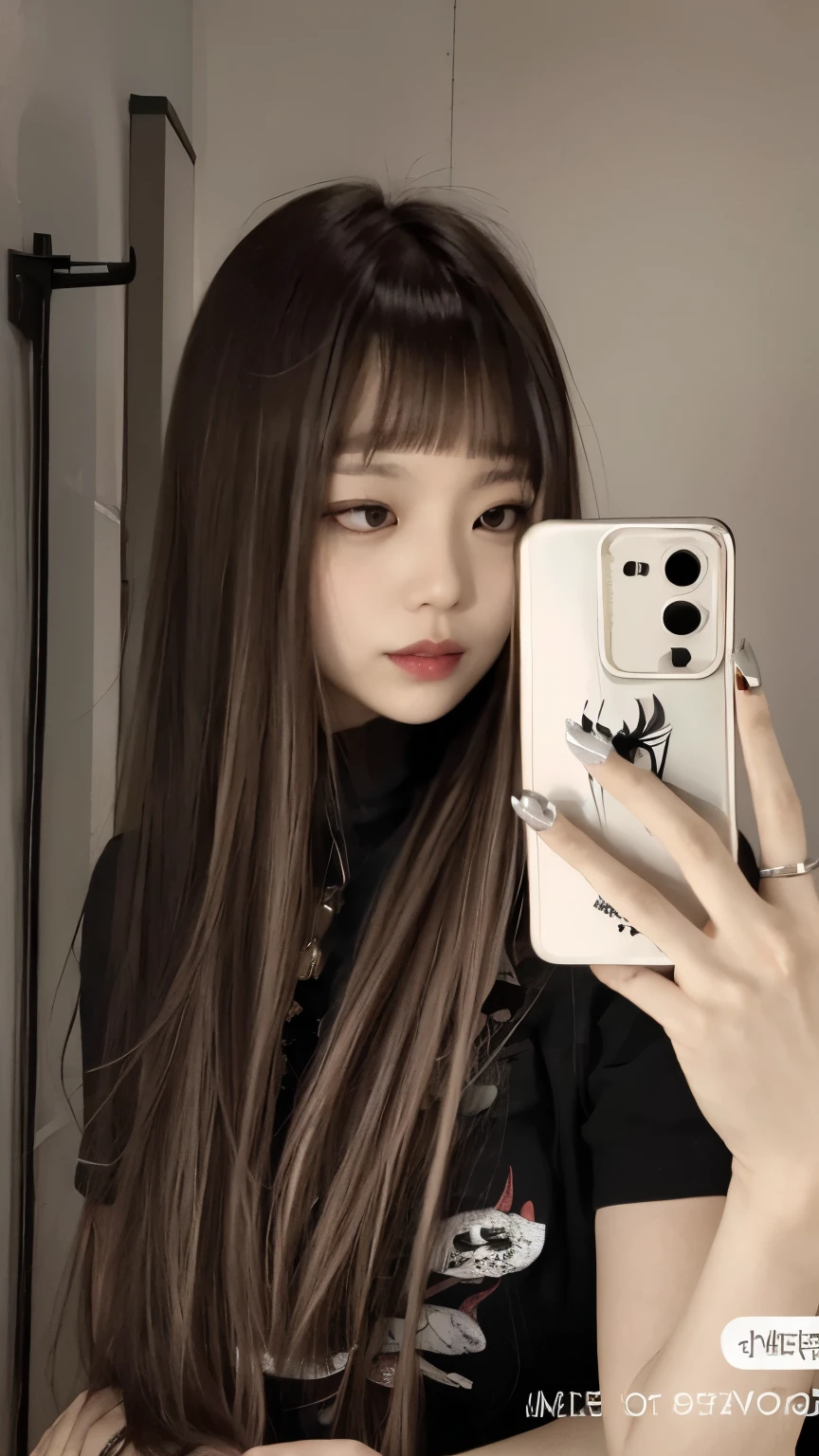 arafed woman taking a selfie with her cell phone, ulzzang, style of junji ito, white hime cut hairstyle, long hair with bangs, anime girl in real life, long hair with full bangs, the hime cut, cruel korean goth girl, ilya kuvshinov with long hair, junji ito style