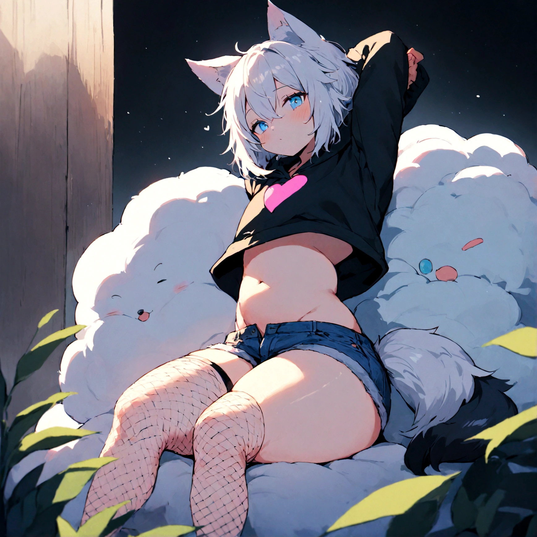 a cute adult male with wolf ears, white hair, has a wolf tail, wearing a loose cropped oversized black hoodie, wearing a pair of denim short shorts and fishnet stockings, thick thighs, wide hips, relaxing on mound of fluffy multi colored kawaii plushies, short, very slim, showing slender tummy, stretching out, heart on hoodie, squishy thighs, has glowing blue eyes. alone, solo (ALONE)(SOLO)