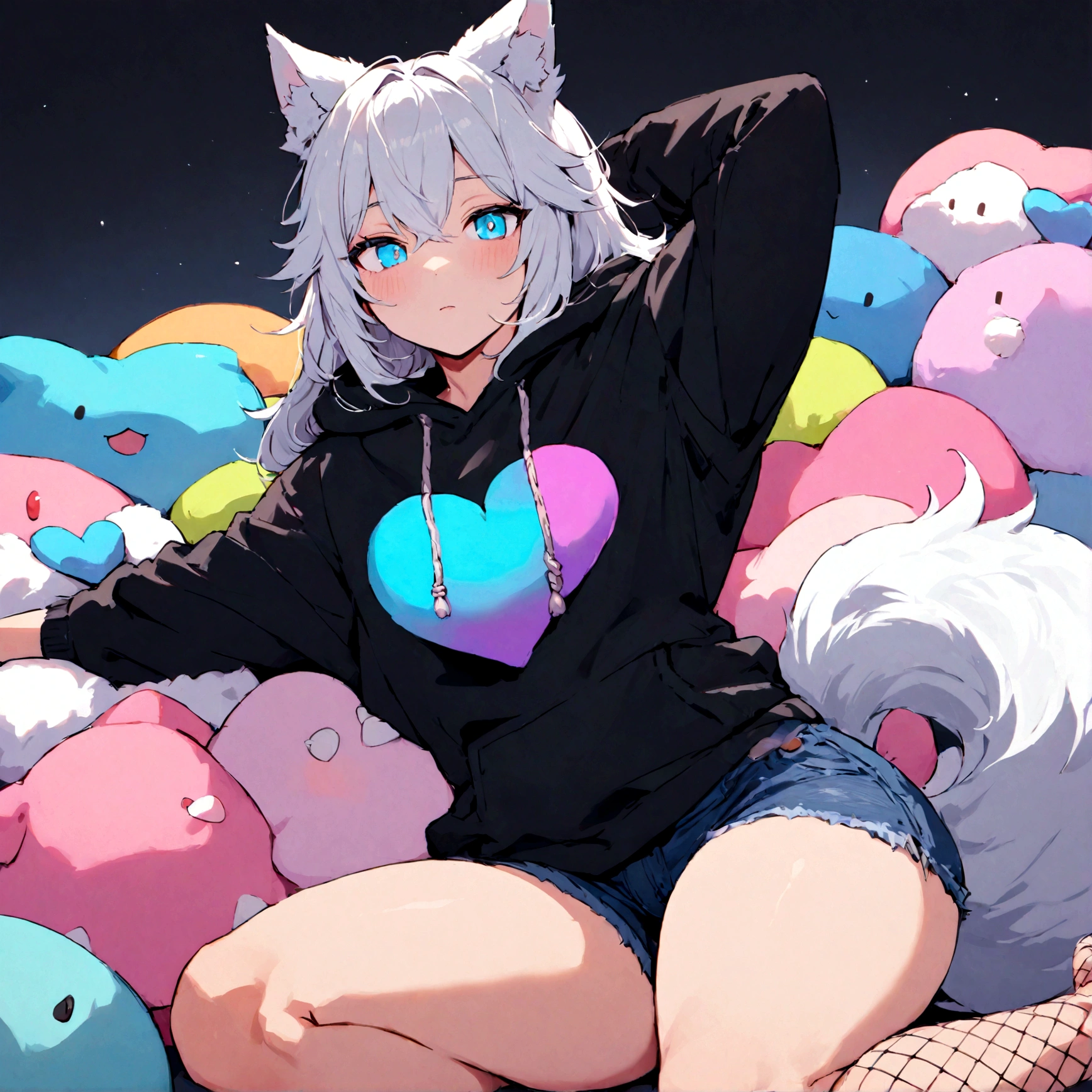 a cute adult male with wolf ears, white hair, has a wolf tail, wearing a loose cropped oversized black hoodie, wearing a pair of denim short shorts and fishnet stockings, thick thighs, wide hips, relaxing on mound of fluffy multi colored kawaii plushies, short, very slim, showing slender tummy, stretching out, heart on hoodie, squishy thighs, has glowing blue eyes. alone, solo (ALONE)(SOLO)