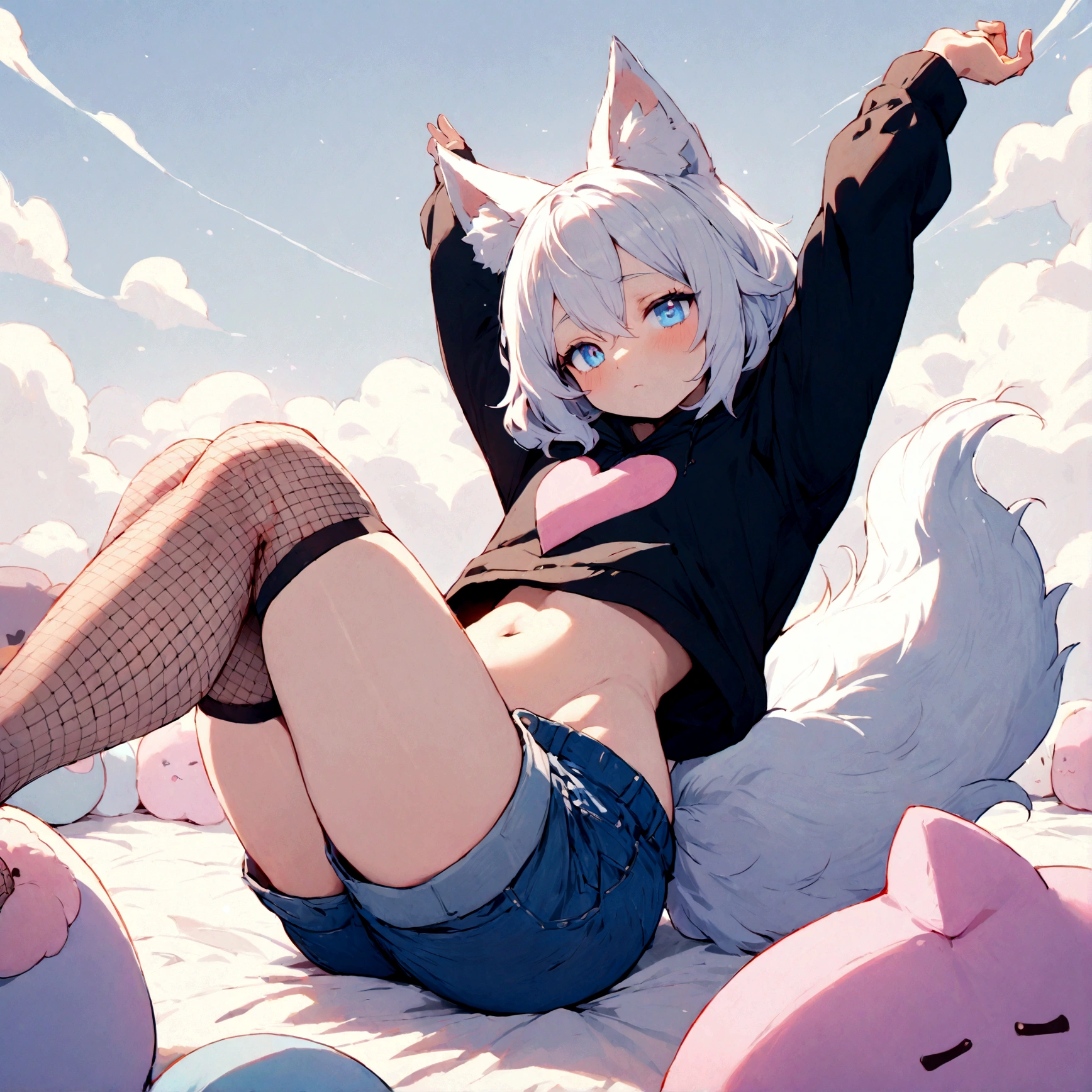 a cute adult male with wolf ears, white hair, has a wolf tail, wearing a loose cropped oversized black hoodie, wearing a pair of denim short shorts and fishnet stockings, thick thighs, wide hips, relaxing on mound of fluffy multi colored kawaii plushies, short, very slim, showing slender tummy, stretching out, heart on hoodie, squishy thighs, has glowing blue eyes. alone, solo (ALONE)(SOLO)