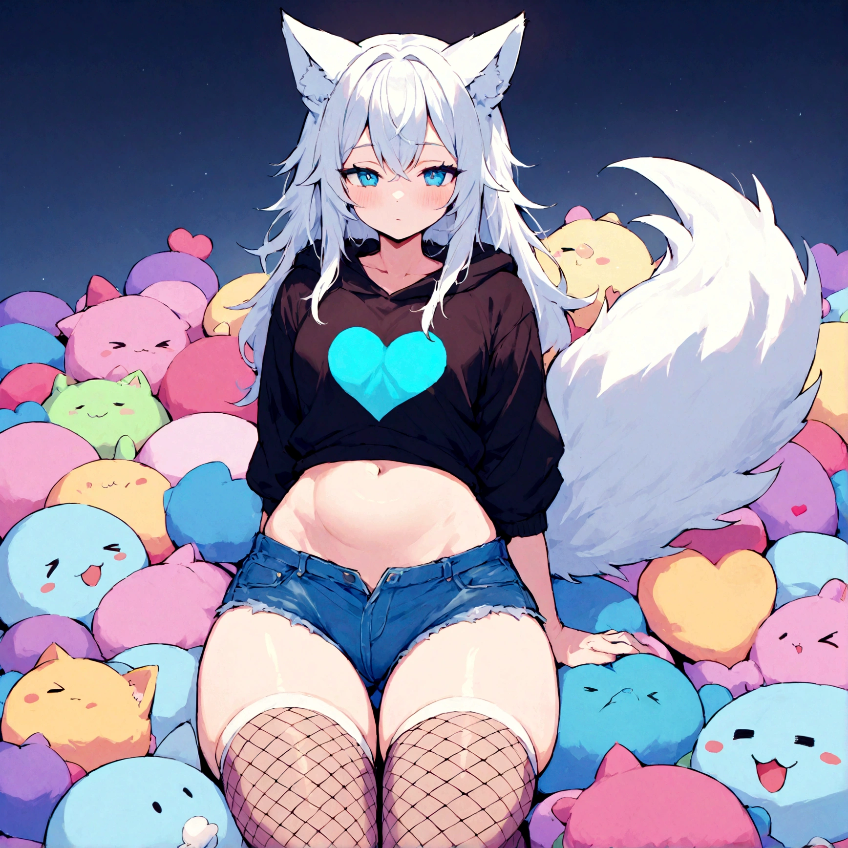 a cute adult male with wolf ears, white hair, has a wolf tail, wearing a loose cropped oversized black hoodie, wearing a pair of denim short shorts and fishnet stockings, thick thighs, wide hips, relaxing on mound of fluffy multi colored kawaii plushies, short, very slim, showing slender tummy, stretching out, heart on hoodie, squishy thighs, has glowing blue eyes. alone, solo (ALONE)(SOLO)