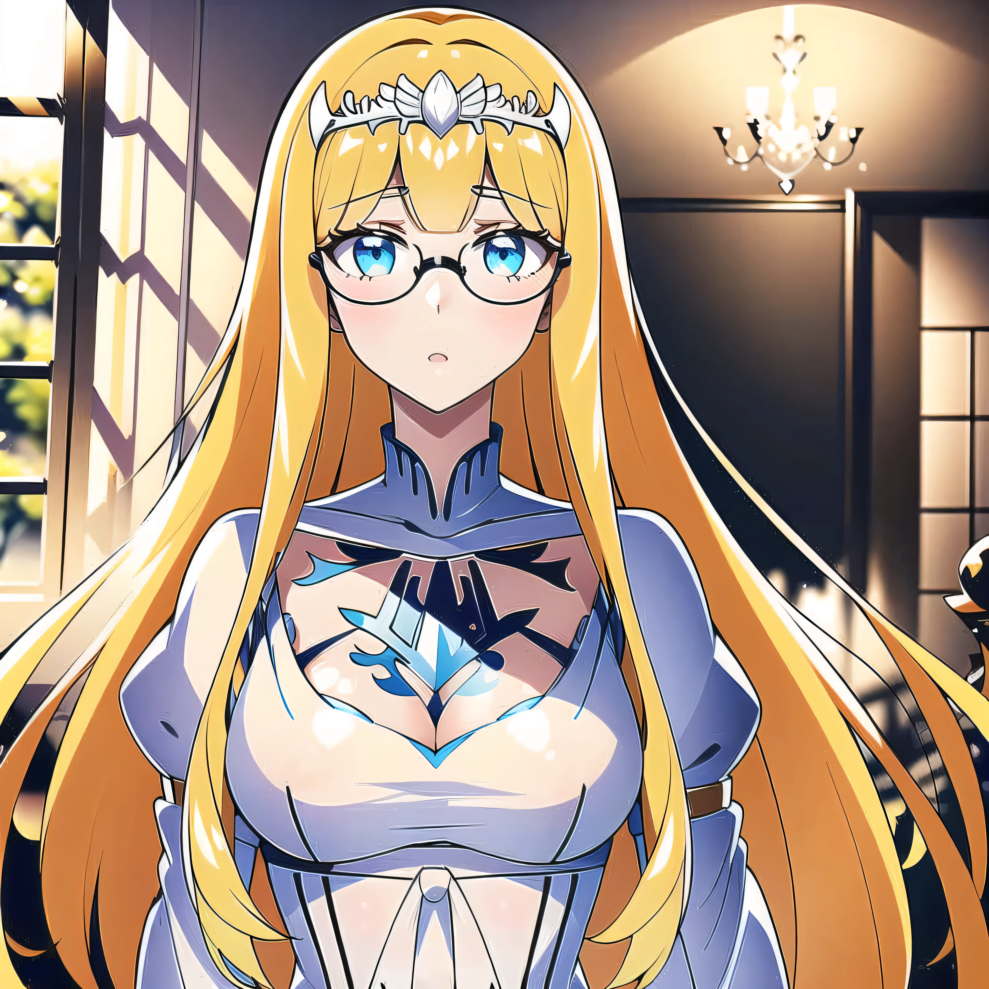 1girl, solo, Calca, Calca Bessarez, blonde hair, (extremely long hair:1.3), very long hair, white tiara, white dress, blue eyes, medium chest, in luxurious room, indoor, daylight, stanined glasses, victorian gothic style room
