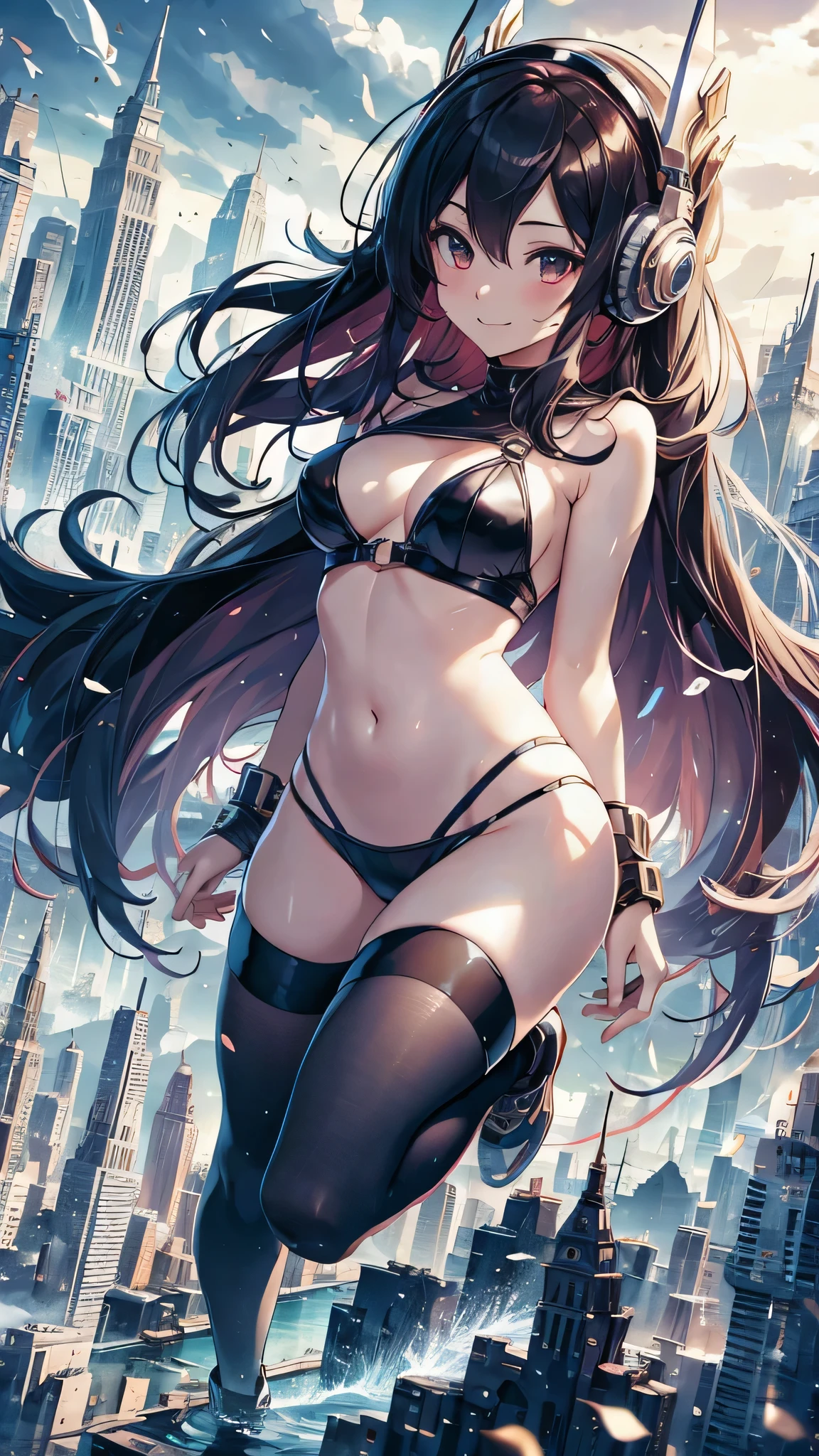 Highest quality、Highest quality、Masterpiece、girl((half、18-year-old、as soon as、Highest Bust、Medium Bust、Wide open chest、Red glowing eyes、Black Ear、Red Mesh、Disheveled Hair、Loincloth、thin、The best valley、Open chest、hair ornaments、Full body view、pants、Sports Bra、Random Pause、smile、headphone))、high quality、Beautiful Art、background((Collapsing Ground、no gravity、Floating Object、City of night))、flight、Flying Debris、Depth of text、movie、Visual Arts、Perfect Art、8K、Genuine、Special Angles