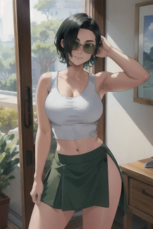 masterpiece, (sharp focus), a young woman with short hair, hair strain in between eyes, age 23, cool haircut, wearing sunglasses, white tank top, (see through tank top, wet tank top), flowing green skirt, front view, confident smirk, sunbeams, warm atmosphere, high quality, dynamic lighting, 8k uhd, full-size picture, full-body picture, (perfect hands)