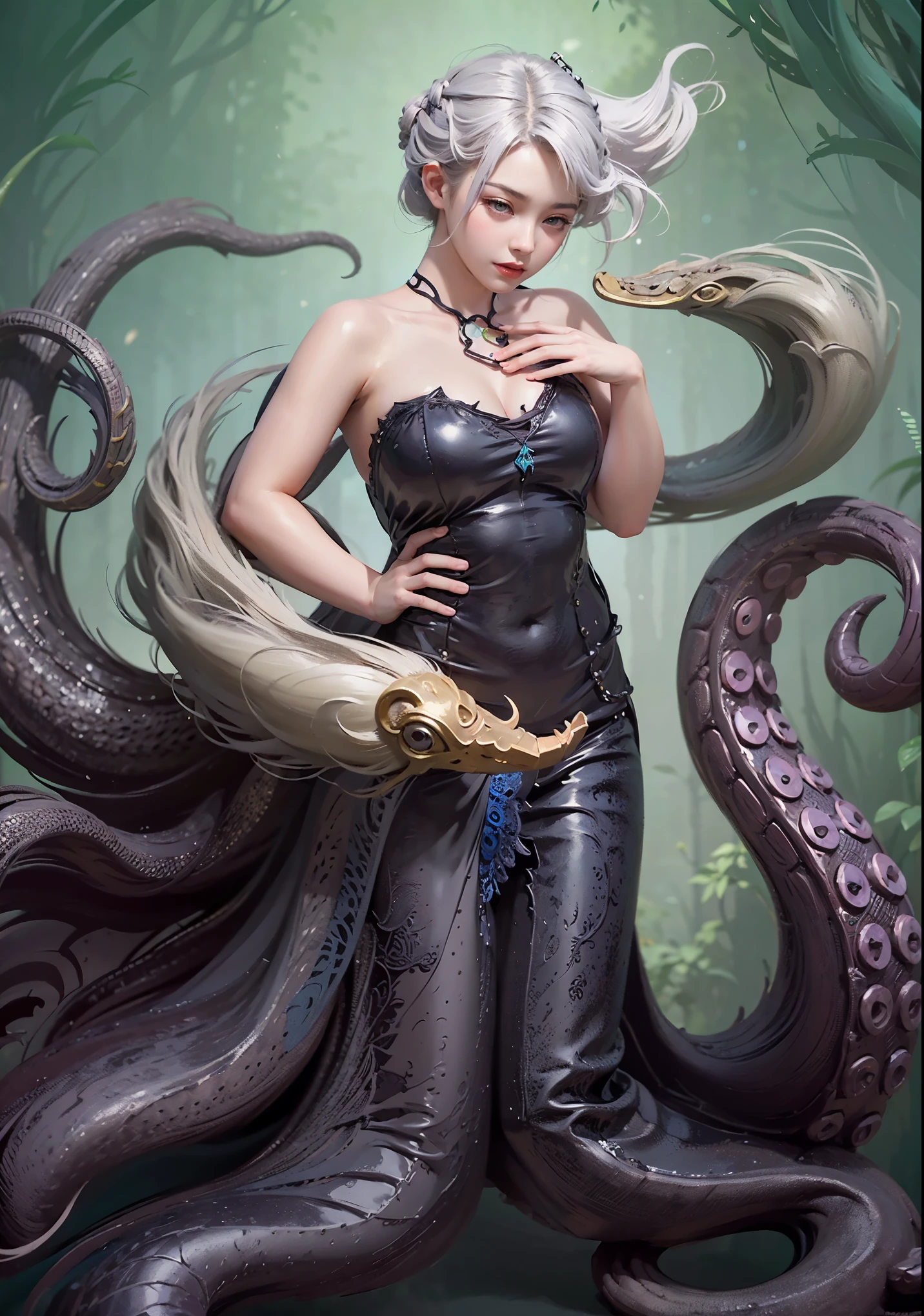 (mutant, Young woman), (dressed),((Snake Man)), the villain, high, full length, very slim, beautiful, albino, evil queen, arrogant, arrogance, ponytail hairstyle, claws, fangs, small upturned nose, Beautiful face, scales, high quality ,4k, detailing