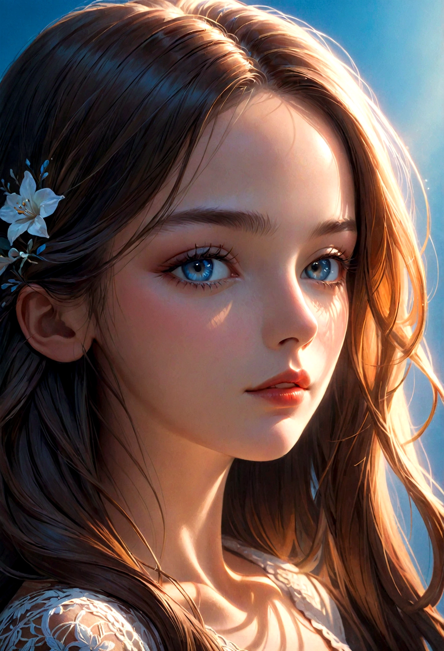 A beautiful woman with long hair, very detailed closeup of her face and lips, in an ethereal style, featuring shadows, warm tones, a hazy background, blue backdrop, cinematic atmosphere, photorealistic, hyperrealistic, cinematic composition, extremely high resolution, sharp focus,