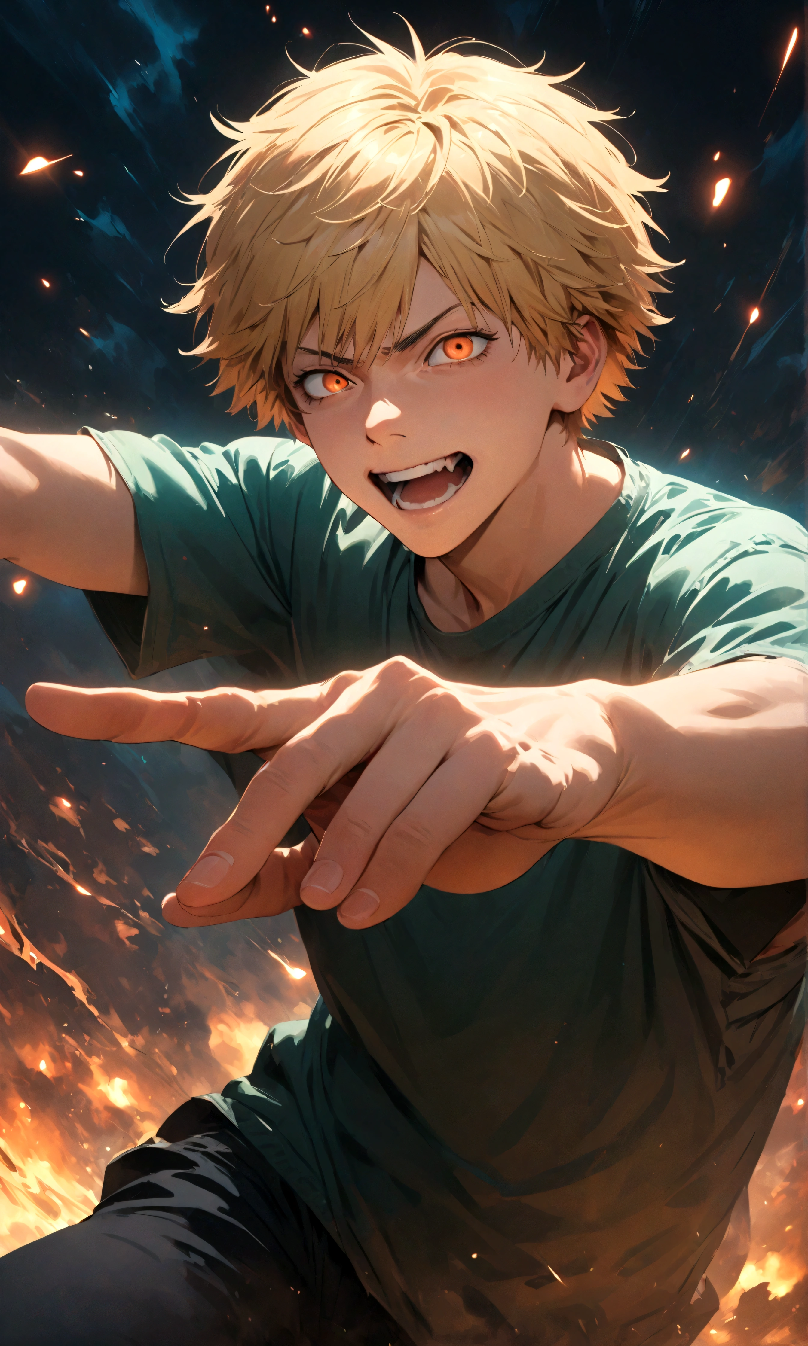 (1 male,Denji,Blonde,Casual wear),Characters from Chainsaw Man,Intricate details,Dynamic Pose,,artwork,rendering,(masterpiece:1.3),(highest quality:1.4),(Super detailed:1.5),High resolution,Very detailed,unity 8k wallpaper,Dark fantasy,Glare,A silly scene from everyday life,Stupid face,He is quite an idiot
