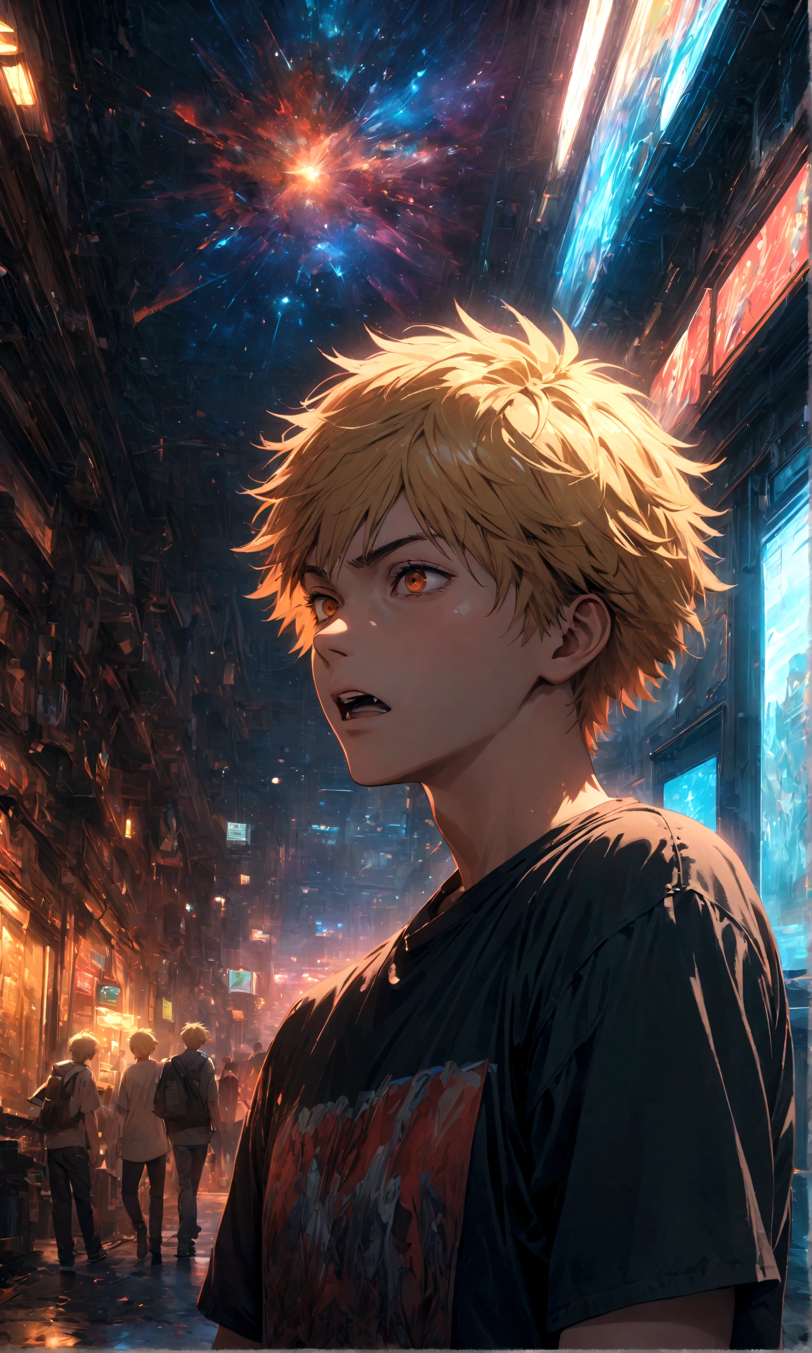 (1 male,Denji,Blonde,Casual wear),Characters from Chainsaw Man,Intricate details,Dynamic Pose,,artwork,rendering,(masterpiece:1.3),(highest quality:1.4),(Super detailed:1.5),High resolution,Very detailed,unity 8k wallpaper,Dark fantasy,Glare,A silly scene from everyday life,Stupid face,He is quite an idiot