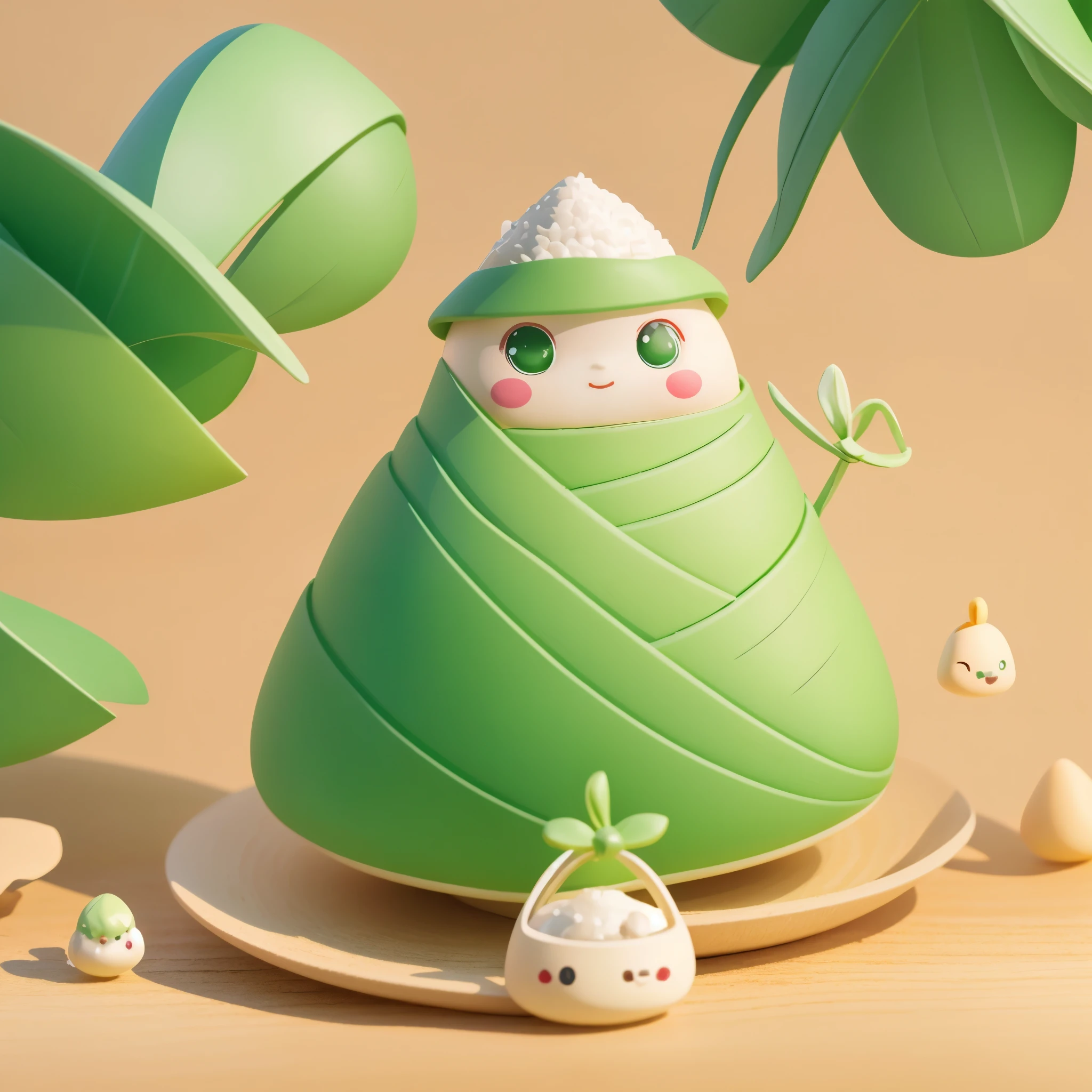 a one KAWAII 3D chibi Zongzi,Blind Box,a triangular green rice dumpling, different expressions,pop matt blind box toy, front view, clean background, natural light, ray tracing, 3d Rendering, C4D, Octane Rendering, 