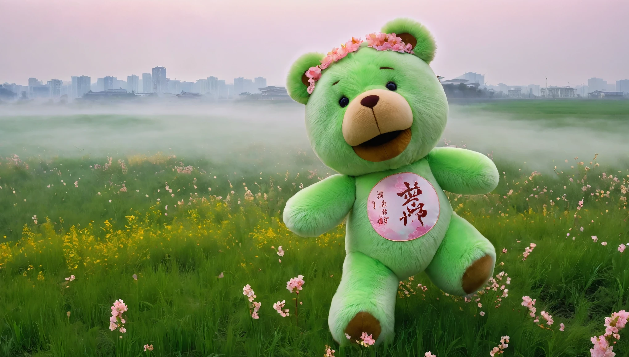 Steaming clouds，万道Glow下，in the morning light，万道Glow下，in the morning light，Glow，Mist shrouded the fields，There are Chinese houses in the distance， Foggy jungle in the background, grass field surrounding the city, Land of Mists, In the Dawn,There is a green teddy bear on the grass，Running，Wearing a Yang Xiaoying label on the head,Wearing a label of Yang Xiaoying on the head, Humanoid creature covered with cherry blossoms, There is a green with yellow，Brown teddy bear，Wearing a label of Yang Xiaoying on the head, Humanoid creature covered with cherry blossoms, Run on the steppe，Run on the steppe，Oil painting photography，Oil painting photography，HD，8k，raw，Award-winning works of photography masters