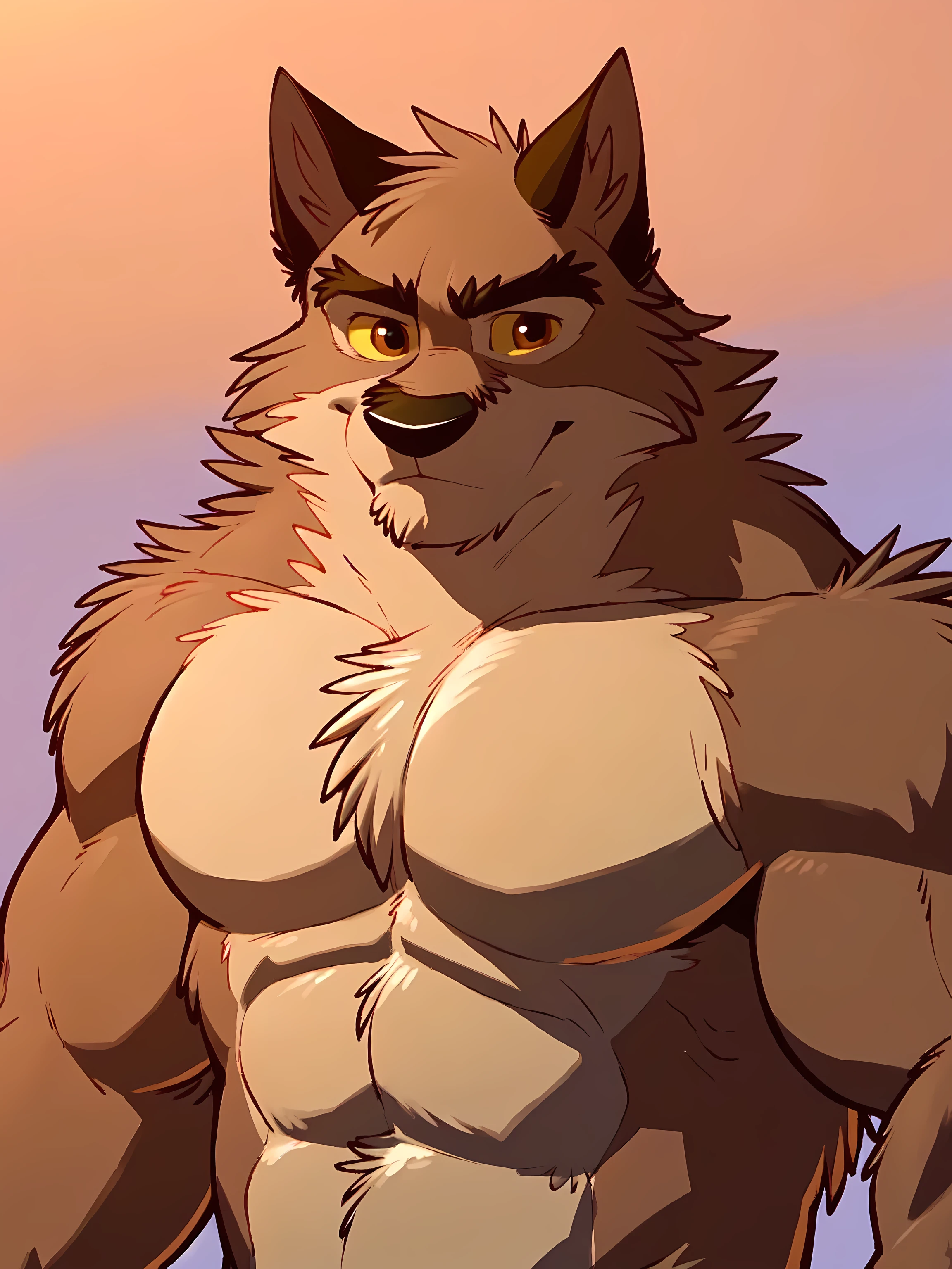 kodi, kodiak (balto), half body, anthro, detailed, detailed face, detailed eyes, quadruped, very muscular:1.0, pectorals:1.0, strong chest, biceps, wfa anatomy, black lineart, black outline, male, masculine, adult, wolf, wolf body, brown eyes, cartoon shading, cel shaded:1.0, strong body, confident, proud, speaking mouth, smile, happy, winter background, sunset