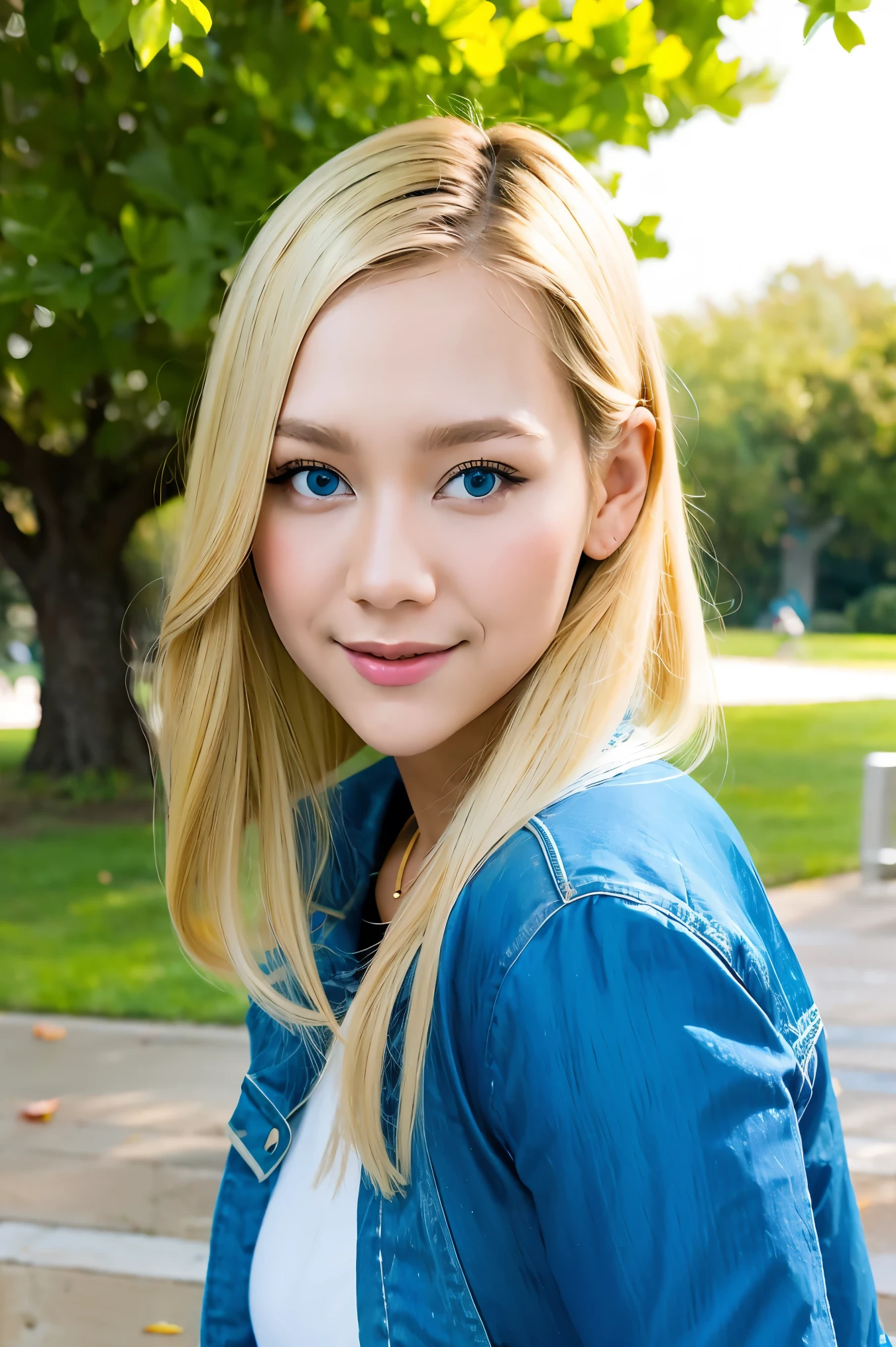 masterpiece, best quality, 1girl, beautiful, fine, delicate, extremely intricate, detailed, blonde hair, jacket, blue eyes, ((masterpiece)), extremely detailed, best quality, high resolution, ((at a park)), Bridget, smile,  