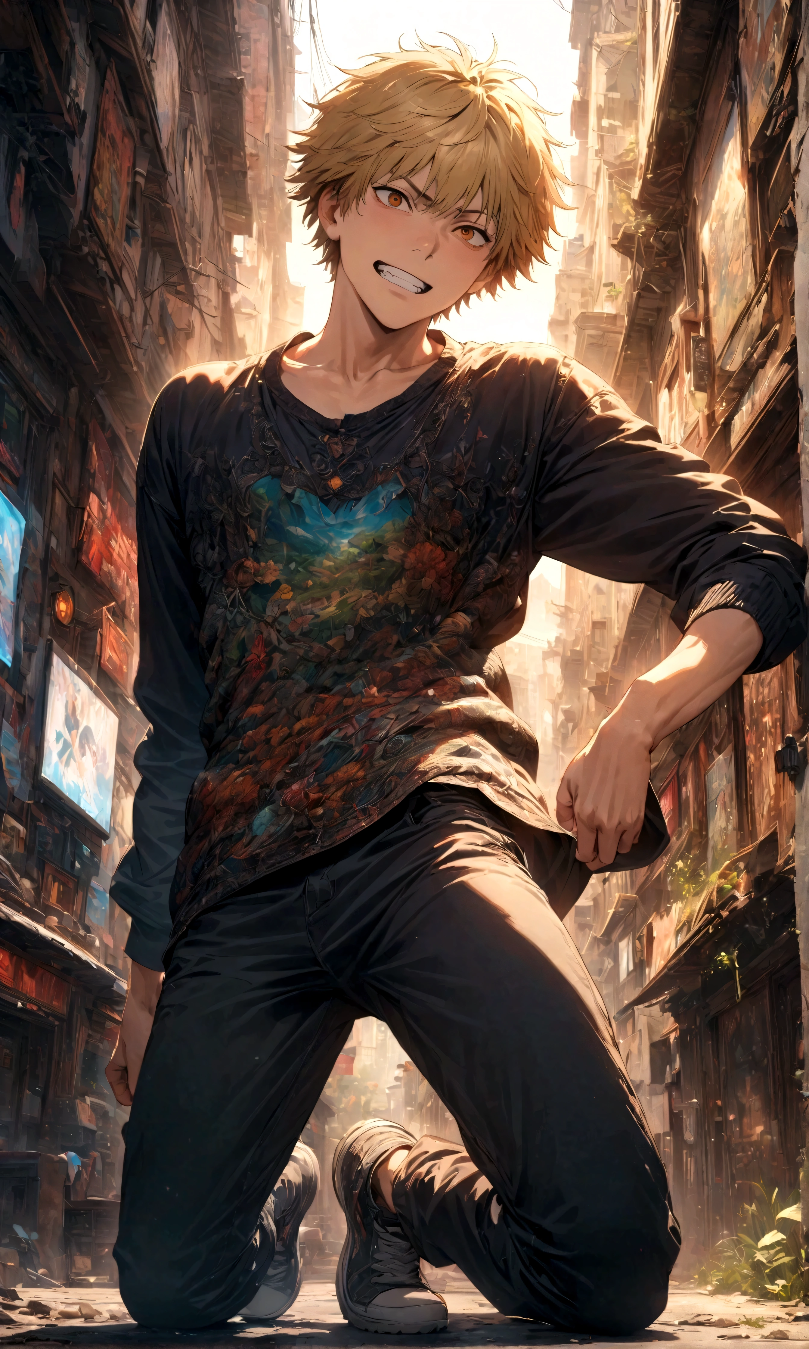 (1 male,Denji,Blonde,Casual wear),Characters from Chainsaw Man,Intricate details,Dynamic Pose,,artwork,rendering,(masterpiece:1.3),(highest quality:1.4),(Super detailed:1.5),High resolution,Very detailed,unity 8k wallpaper,Dark fantasy,Glare,A silly scene from everyday life,Stupid face,He is quite an idiot