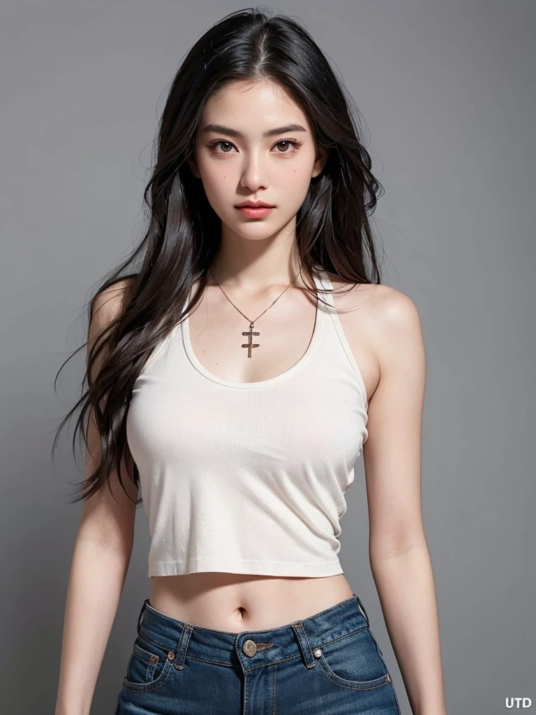 (masterpiece, best quality:1.2), (8k uhd, 16k, 32k, ultra high res), (photorealistic:1.37), (RAW photo), ultimate-realistic, ultimate-realistic details, ultimate-realistic texture, ultimate-intricate details, ultimate-realistic lighting, ultimate-realistic shadow, japanese girl, 24yo, ultimate-cute face, ultimate-RAW skin, ultimate-eyes, an inspired of character with a manga style. She has long, straight hair with blended gray and light brown tones. Her eyes are large and expressive, with blue irises. She has a nose and plump lips.The character is wearing navy tank top that accentuates her fit physique, bulge , She has on white jeans with a belt, giving her a casual yet stylish look. A small necklace completes her outfit. Her pose conveys confidence, with one hand on her hip and a subtle smirk on her face. fashion-forward young woman character. The background is plain white, keeping the focus solely on the detailed character itself.