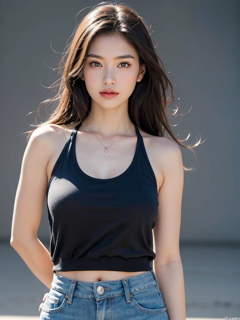 (masterpiece, best quality:1.2), (8k uhd, 16k, 32k, ultra high res), (photorealistic:1.37), (RAW photo), ultimate-realistic, ultimate-realistic details, ultimate-realistic texture, ultimate-intricate details, ultimate-realistic lighting, ultimate-realistic shadow, japanese girl, 24yo, ultimate-cute face, ultimate-RAW skin, ultimate-eyes, an inspired of character with a manga style. She has long, straight hair with blended gray and light brown tones. Her eyes are large and expressive, with blue irises. She has a  nose and plump lips.The character is wearing navy tank top that accentuates her fit physique, bulge nipples, She has on white jeans with a belt, giving her a casual yet stylish look. A small necklace completes her outfit. Her pose conveys confidence, with one hand on her hip and a subtle smirk on her face. fashion-forward young woman character. The background is plain white, keeping the focus solely on the detailed character itself.