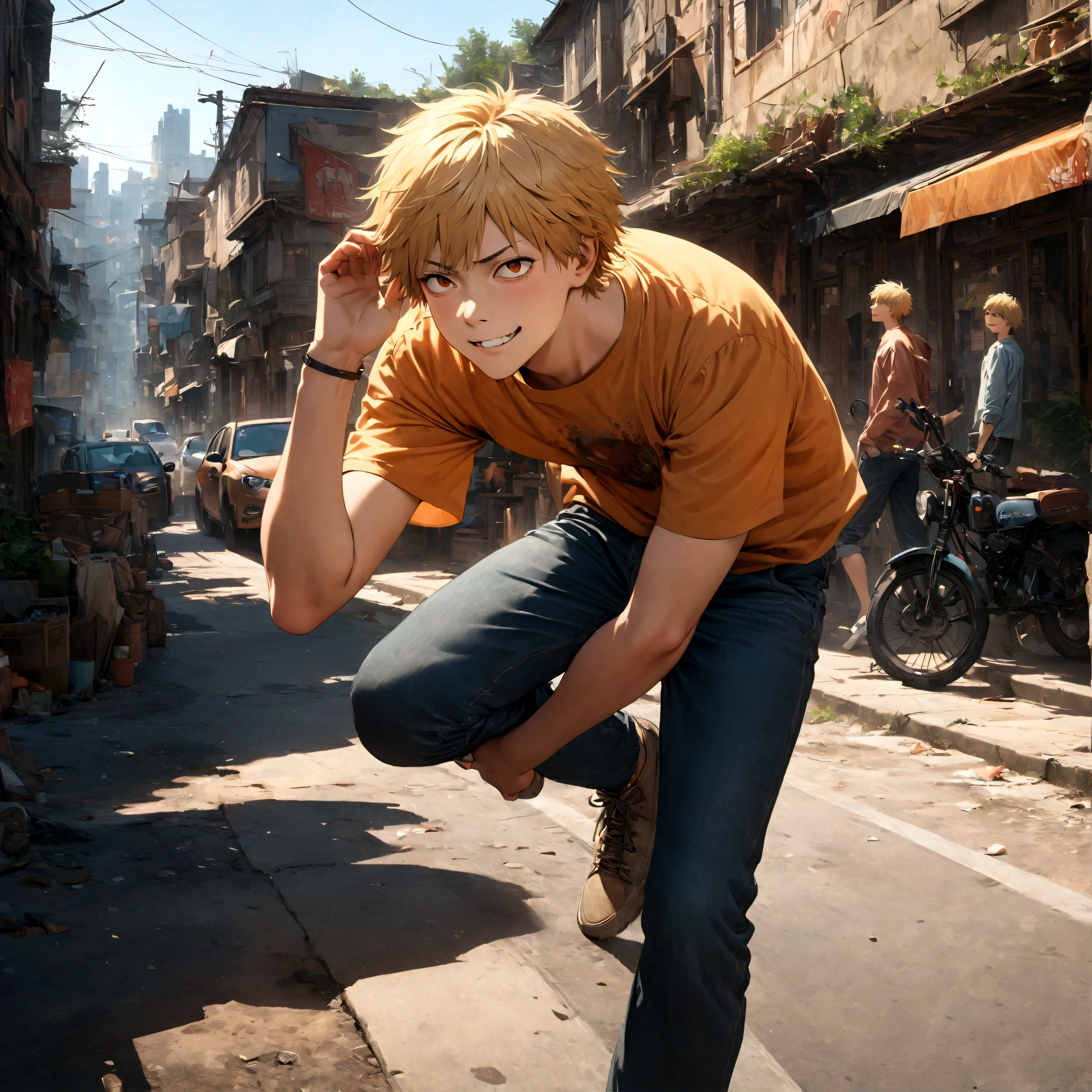 (1 male,Denji,Blonde,Casual wear),Characters from Chainsaw Man,Intricate details,Dynamic Pose,,artwork,rendering,(masterpiece:1.3),(highest quality:1.4),(Super detailed:1.5),High resolution,Very detailed,unity 8k wallpaper,Dark fantasy,Glare,A silly scene from everyday life,Stupid face,He is quite an idiot,Urban Background