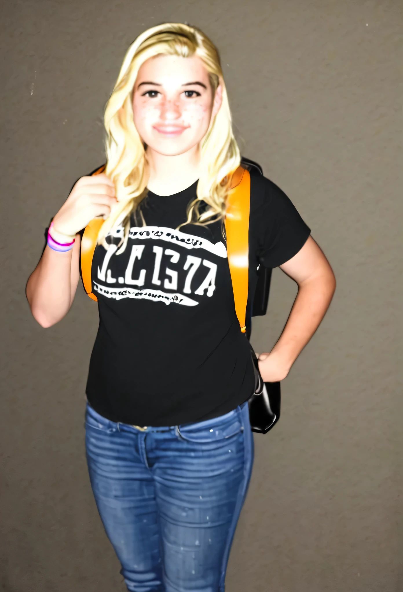 (ailatman, azlatguy),1girl, blonde hair, solo, shirt, freckles, pants, bag, backpack, long hair, t-shirt, girl, dainty girly hands, dainty feet, adorable face