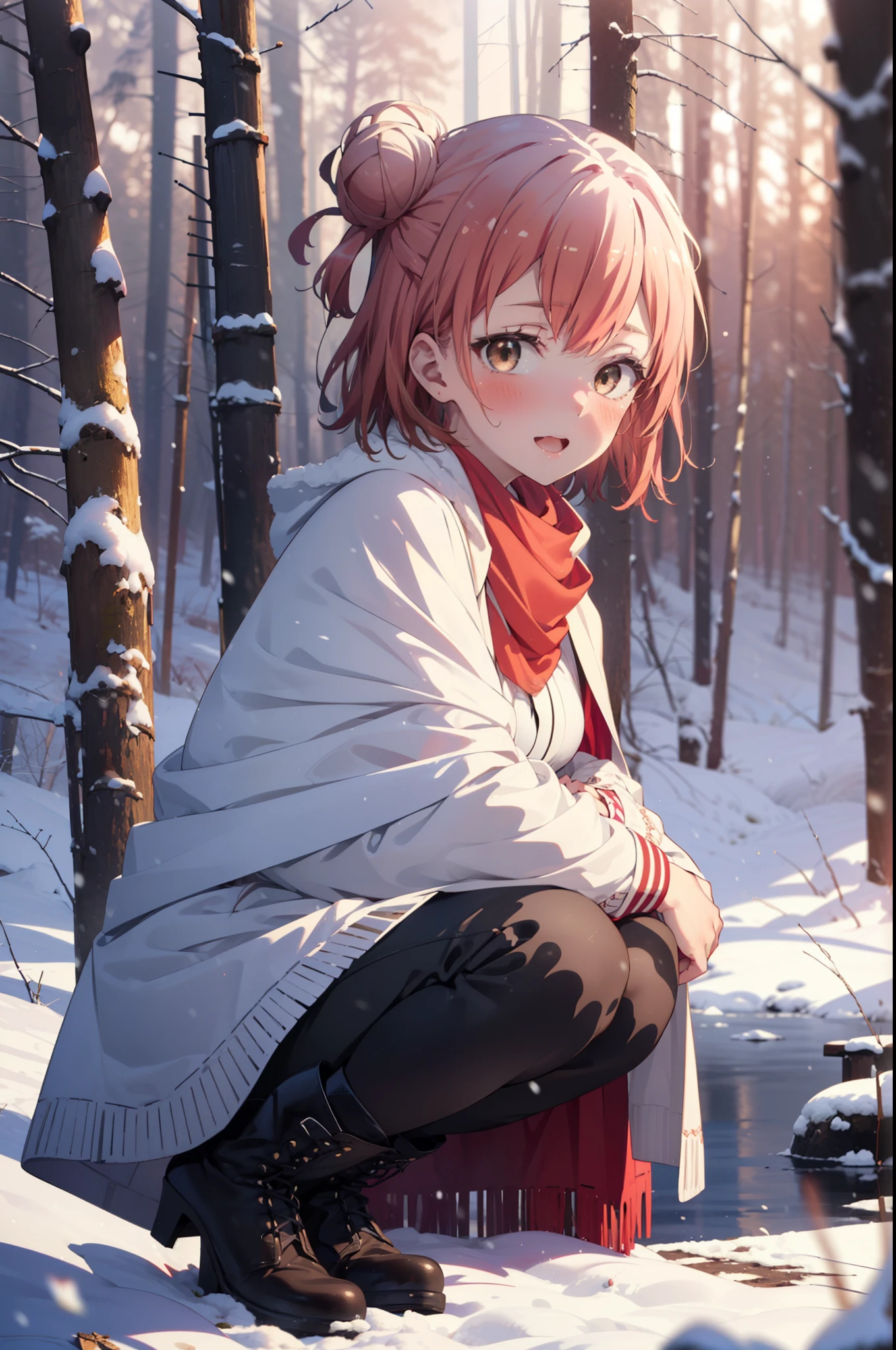 yuiyuigahama, yui yuigahama, short hair, (Brown eyes:1.5), (Pink Hair:1.2), Hair Bun, single Hair Bun, smile, (Big Breasts:1.2),smile,blush,White Breath,
Open your mouth,snow,Ground bonfire, Outdoor, boots, snowing, From the side, wood, suitcase, Cape, Blurred, forest, White handbag, nature,  Squat, Mouth closed,Cape, winter, Written boundary depth, Black shoes, red Cape break looking at viewer, Upper Body, whole body, break Outdoor, forest, nature, break (masterpiece:1.2), highest quality, High resolution, unity 8k wallpaper, (shape:0.8), (Beautiful and beautiful eyes:1.6), Highly detailed face, Perfect lighting, Extremely detailed CG, (Perfect hands, Perfect Anatomy),
