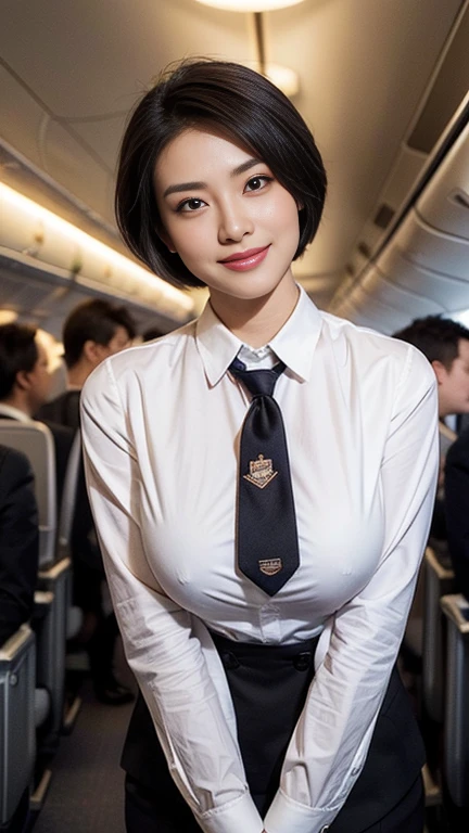 1beautiful womanl, 28years、hyperdetailed face、Detailed lips、A detailed eye、double eyelid、(Black bob hair、Smiling while walking gracefully down the aisle)、(Stewardess uniform:1.2)、((beautiful tie)) (Glamorous body)、(Colossal tits)、((short-cut hair))、（large full breasts）（big butts）（Plump body）（plump body shape）（ large full breasts）（Colossal tits）((J-Cup))、highs thighs thighs thighs, Perfect fit, Perfect image realism, Background with: (Business Class aisle on airplanes:1.2), Cowboy Shot, Meticulous background, detailed costume, Perfect litthing、Hyper-Realism、(Photorealsitic:1.4)、8K maximum resolution, (​masterpiece), ighly detailed, Professional