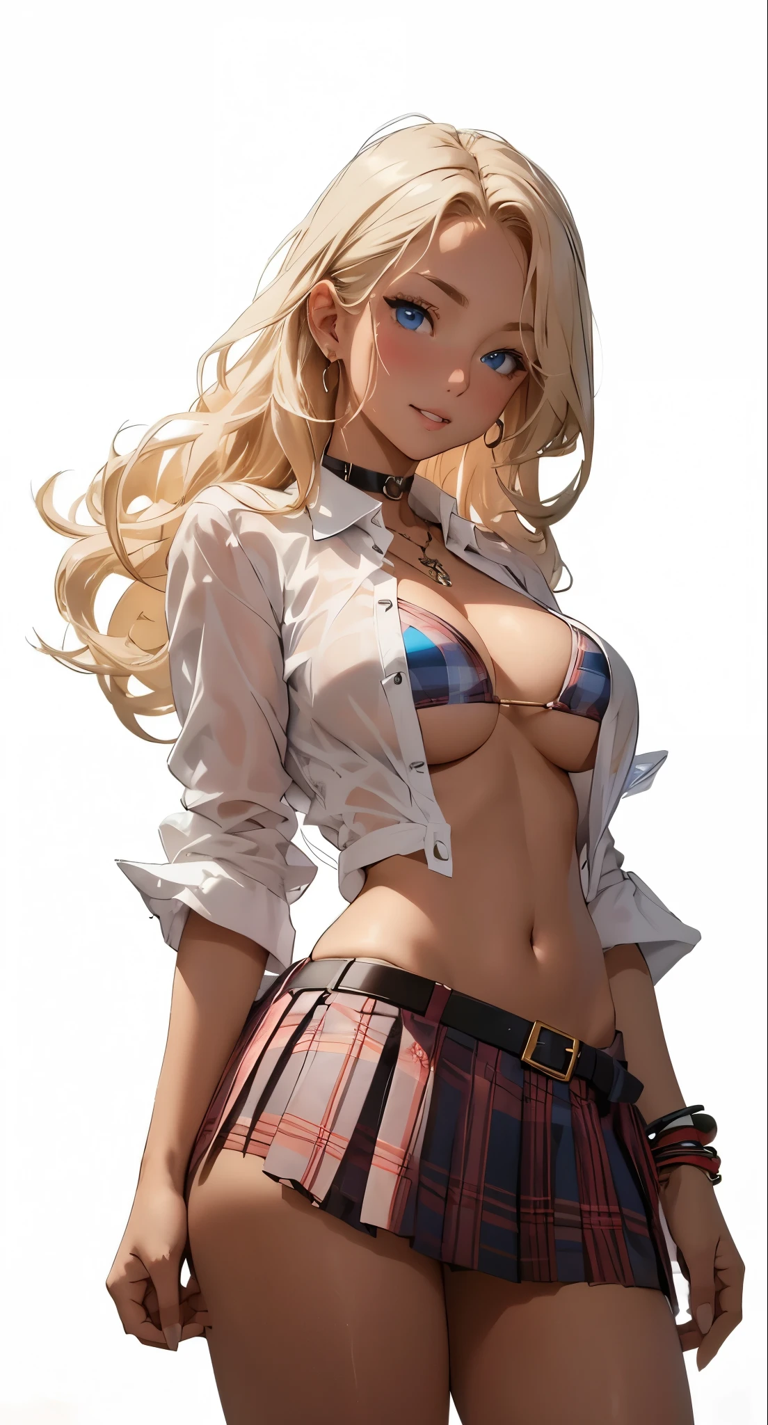 score_9, score_8_up, score_7_up, (masterpiece, best quality), Intricate details, indirect lighting, 
upper body, (Focus on the breasts),  looking at viewer, standing, 1girl, medium breasts, 
BREAK
gyaru, ((dark skin)), long hair, low twintail, hair ribbon, hairclip, choker, cropped jacket, black jacket, white shirt, midriff, black shorts, thigh strap, smile