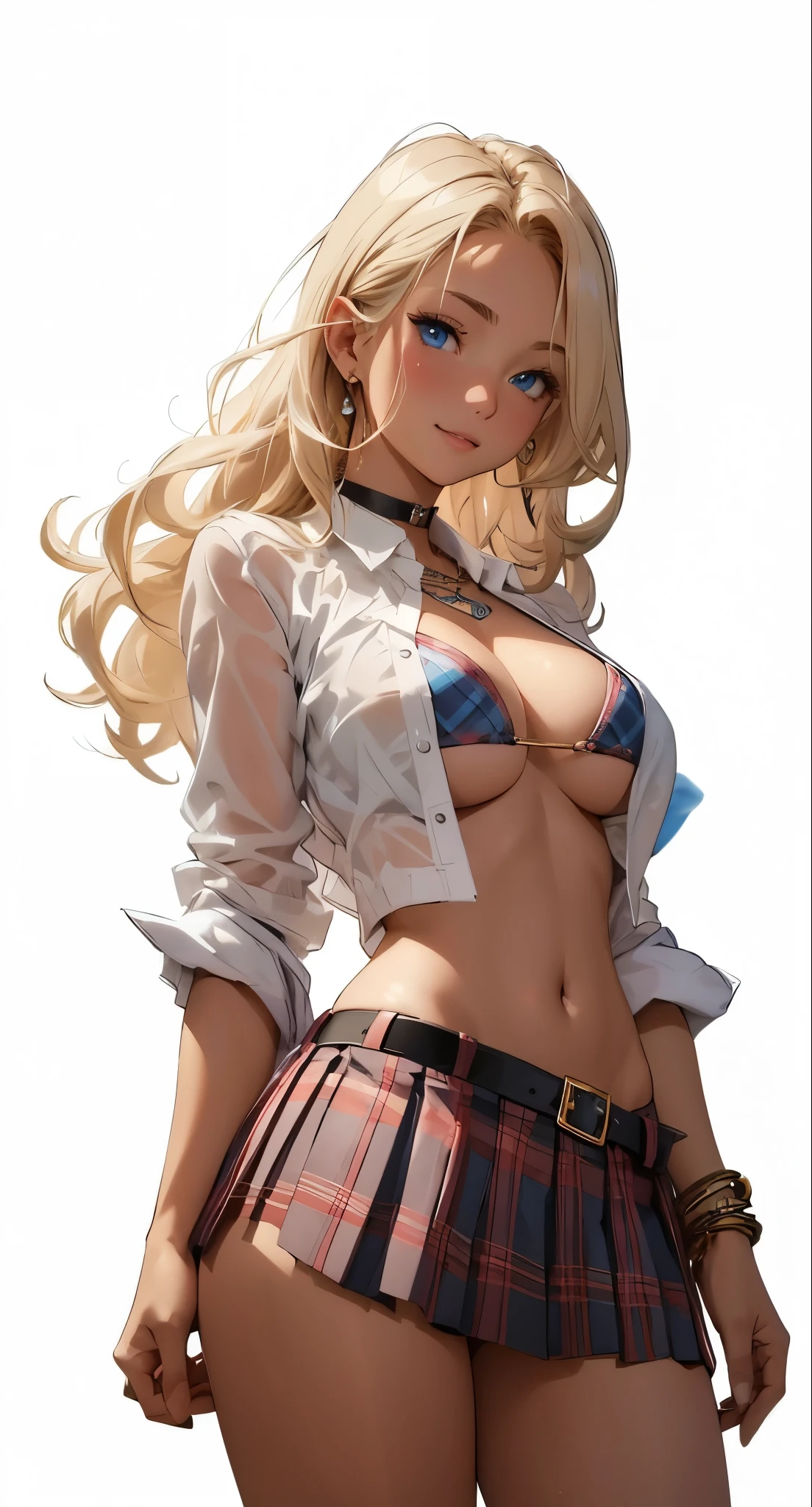 (Animation style), masterpiece, the best quality, extremely detailed, sparkling, glowing lights, 1girl, breasts, solo, skirt, blonde hair, bikini, navel, swimsuit, jewelry, long hair, white background, shirt, blue eyes, simple background, open clothes, plaid skirt, bracelet, looking at viewer, plaid, open shirt, belt, earrings, smile, choker, blue bikini, dark skin, cowboy shot, white shirt, pleated skirt, miniskirt, necklace, collared shirt, parted lips, blush, medium breasts, cleavage, gyaru, stomach, thighs, bikini top only,  bikini under clothes, midriff