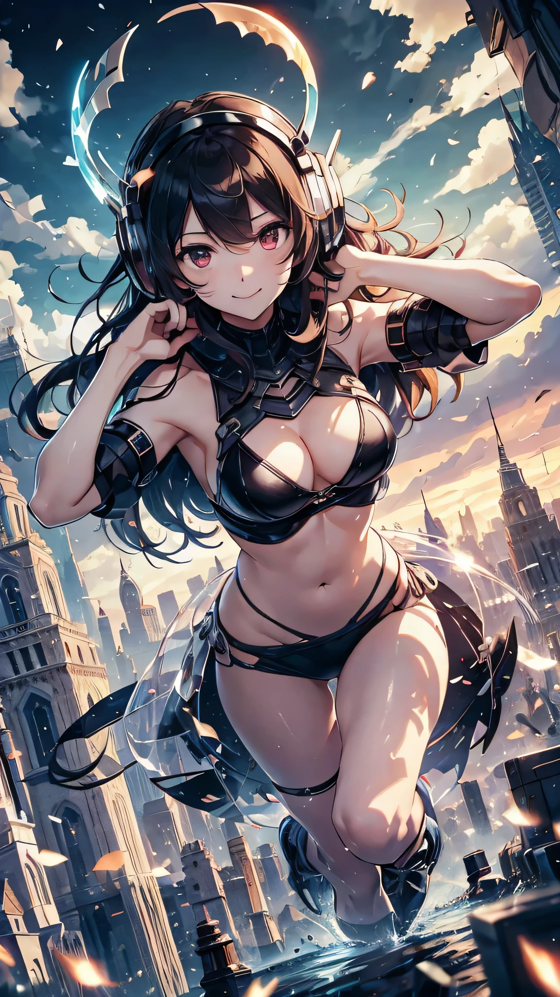 Highest quality、Highest quality、Masterpiece、girl((half、18-year-old、as soon as、Highest Bust、Medium Bust、Wide open chest、Red glowing eyes、Black Ear、Red Mesh、Disheveled Hair、Loincloth、thin、The best valley、Open chest、hair ornaments、Full body view、pants、Sports Bra、Random Pause、smile、headphone))、high quality、Beautiful Art、background((Collapsing Ground、no gravity、Floating Object、City of night))、flight、Flying Debris、Depth of text、movie、Visual Arts、Perfect Art、8K、Genuine、Special Angles