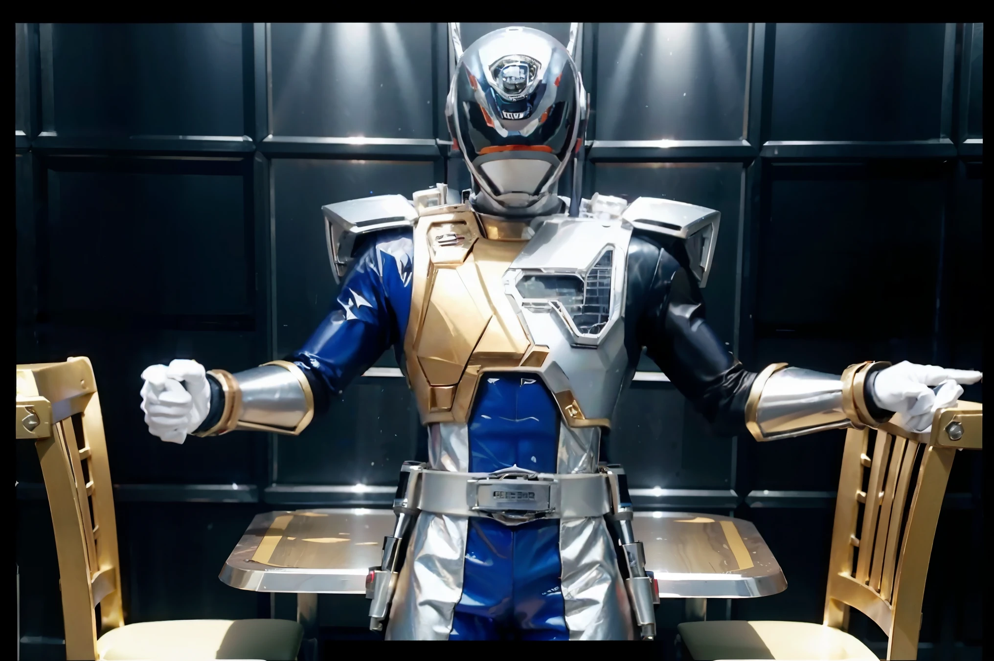 Fantasy background, cafe rpg style, empty chair, table, set of tea glass, (power rangers)), One guy、, ((white ranger suit)), red and blue chest armor with gold details, costume, Solo, ((fit figure)), (Anatomically correct), Cowboy shot, masked face, guns, muscular build