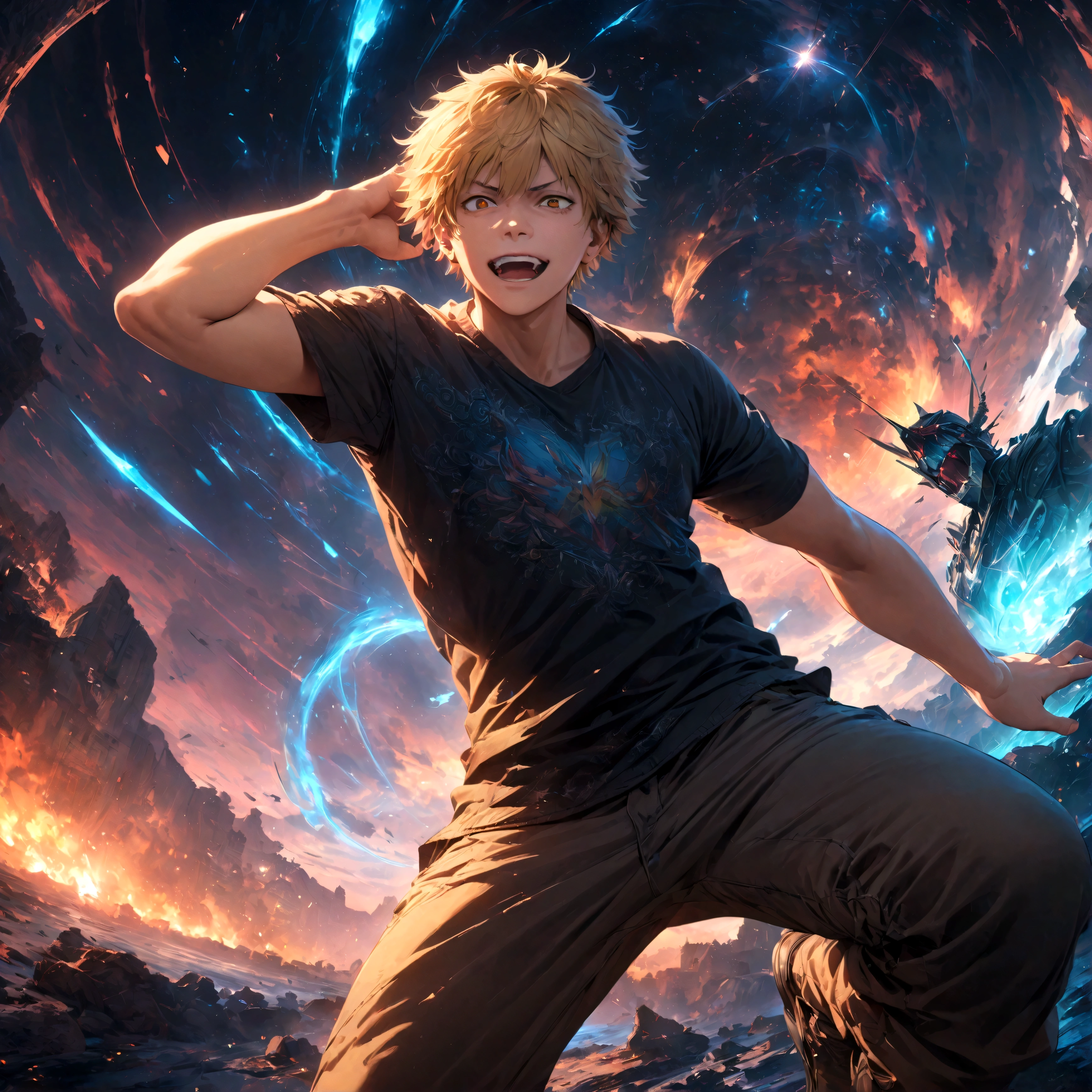 (1 male,Denji,Blonde,Casual wear),Characters from Chainsaw Man,Intricate details,Dynamic Pose,,artwork,rendering,(masterpiece:1.3),(highest quality:1.4),(Super detailed:1.5),High resolution,Very detailed,unity 8k wallpaper,Dark fantasy,Glare,A silly scene from everyday life,Stupid face,He is quite an idiot