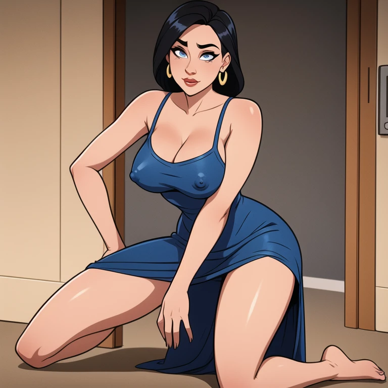 1 woman in a kneeling pose, visible nipples, black hair, blue pupils, delicate face, cute, love earrings, absolute sheer sundress, standing at the door of the police station, playful, ultra hd, masterpiece, best quality, super detail, accurate
