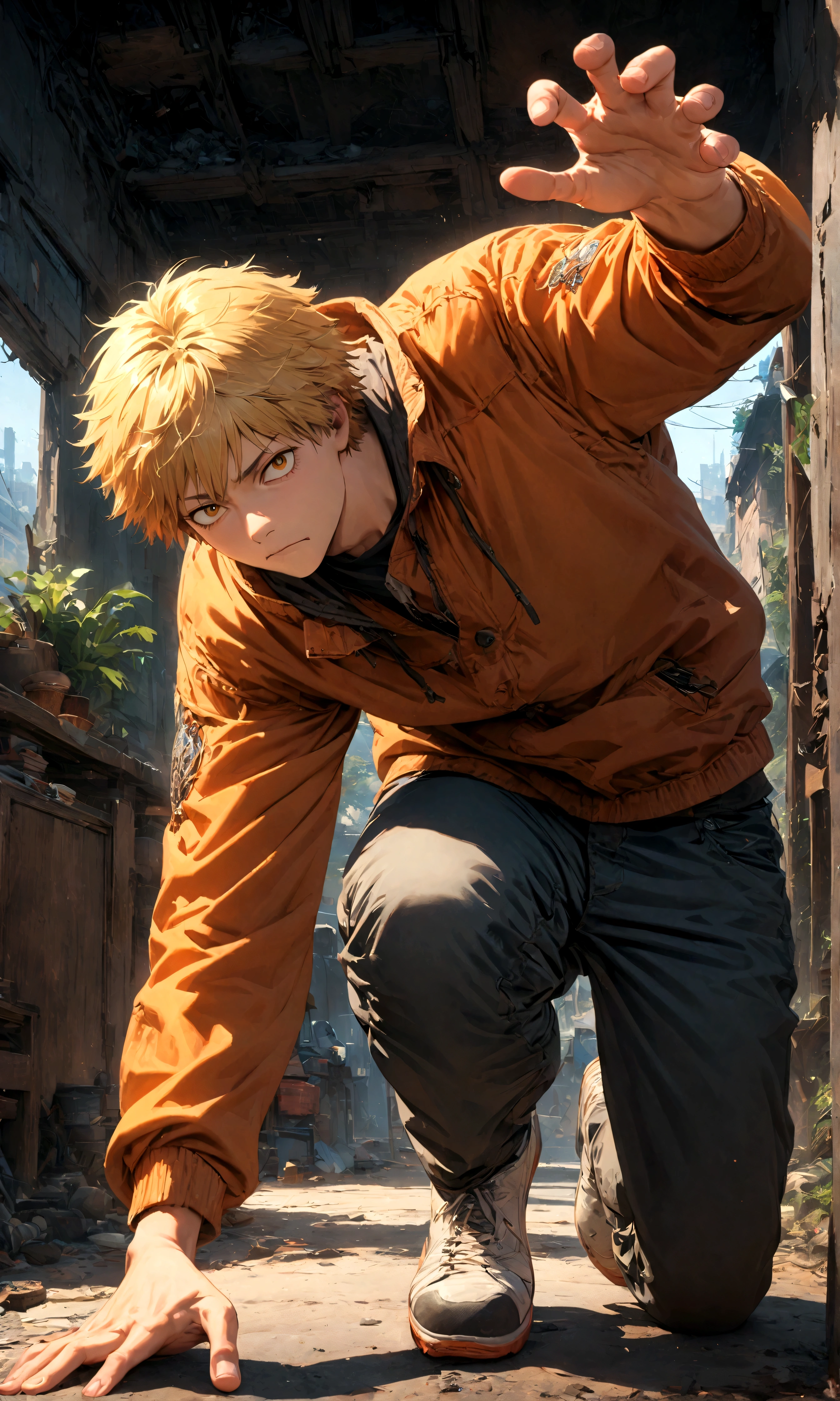 1 male,Denji,Chainsaw Man,Intricate details,,Decadent,artwork,rendering,Dynamic pose,(masterpiece:1.3),(highest quality:1.4),(Super detailed:1.5),High resolution,Very detailed,unity 8k wallpaper,Dark fantasy,Brush strokes,Glare,