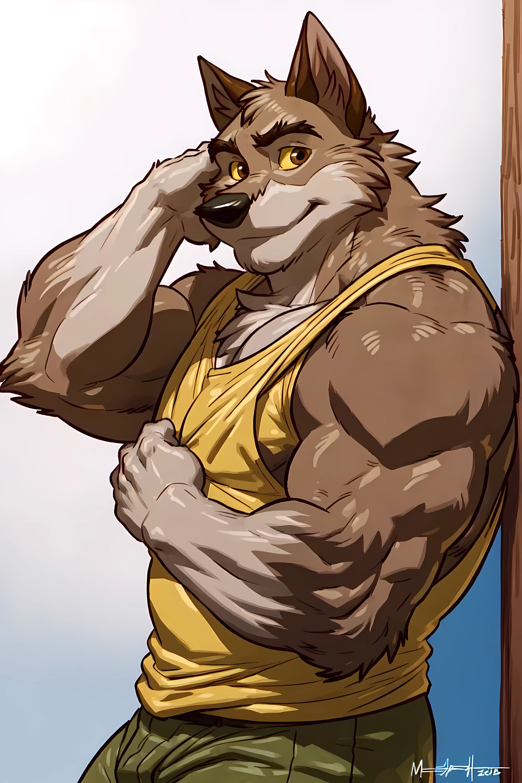 balto, 4k, high resolution, best quality, detailed, posted on e621, solo, anthro body, older male, masculine, male, very masculine, (very muscular:1.2), (white background, no background:1.1), (correct anatomy):1, (detailed eyes:1.1), sexy, (cel shaded:1.2), cartoony shading, (strong shadows, dramatic shadows):1.2, confident, (by wfa, by meesh, by Taran Fiddler), strong, (half body, upper body:1.1), brown eyes, yellow sclera, subtle smile