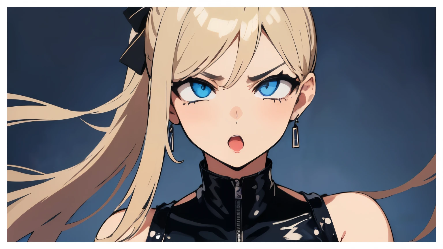 tobacco、cigarette。Sleeveless、'No sleeve'恥ずかしい、Embarrassed、Only the face、Face Up、1 person、No sleeve、Ahegao、ponytail、blonde、amount、Blue Leather Shirt、Sara、No sleeve、best quality, super fine illustration,(((beautiful fine hair))),(((beautiful fine face))),(((beautiful fine background))),blue-black leather pants, silver zipper,belt below the waist,super fine illustration,(((beautiful fine hair))),(((beautiful fine face))),(((beautiful fine background))),normal small size,bangs bangs ,(((beautiful fine hair))),(((beautiful fine face))),(((beautiful fine background))),blond hair , showing forehead, silver center zipper, leather blue black bodysuit, sleevelesblue blacks, shiny, blonde ponytail