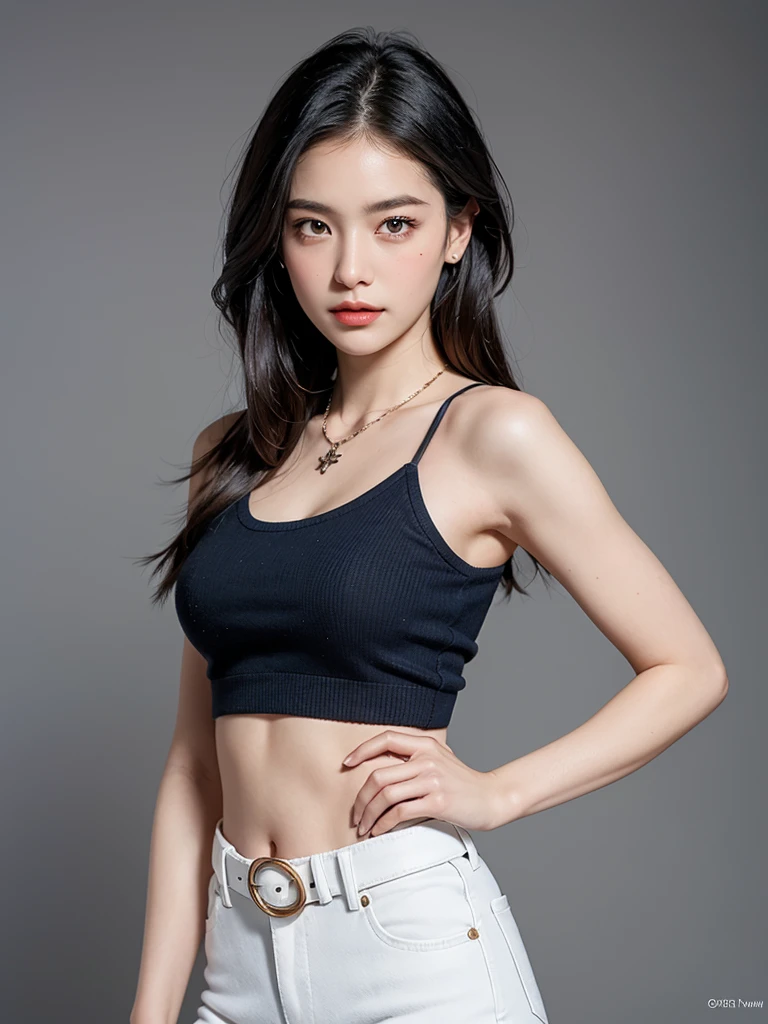 (masterpiece, best quality:1.2), (8k uhd, 16k, 32k, ultra high res), (photorealistic:1.37), (RAW photo), ultimate-realistic, ultimate-realistic details, ultimate-realistic texture, ultimate-intricate details, ultimate-realistic lighting, ultimate-realistic shadow, japanese girl, 24yo, ultimate-cute face, ultimate-RAW skin, ultimate-eyes, an inspired of character with a manga style. She has long, straight hair with blended gray and light brown tones. Her eyes are large and expressive, with blue irises. She has a nose and plump lips.The character is wearing high cropped navy tank top that accentuates her fit physique, bulge nipples, She has on white jeans with a belt, giving her a casual yet stylish look. A small necklace completes her outfit. Her pose conveys confidence, with one hand on her hip and a subtle smirk on her face. fashion-forward young woman character. The background is plain white, keeping the focus solely on the detailed character itself.