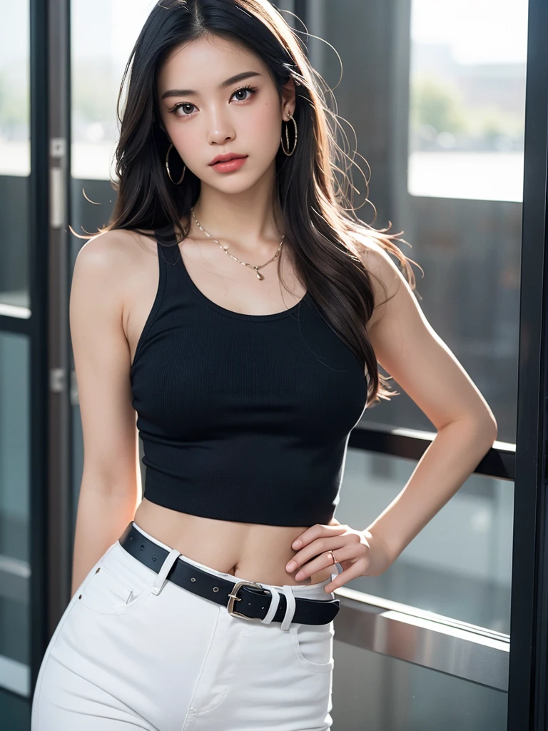(masterpiece, best quality:1.2), (8k uhd, 16k, 32k, ultra high res), (photorealistic:1.37), (RAW photo), ultimate-realistic, ultimate-realistic details, ultimate-realistic texture, ultimate-intricate details, ultimate-realistic lighting, ultimate-realistic shadow, japanese girl, 24yo, ultimate-cute face, ultimate-RAW skin, ultimate-eyes, an inspired of character with a manga style. She has long, straight hair with blended gray and light brown tones. Her eyes are large and expressive, with blue irises. She has a nose and plump lips.The character is wearing high cropped navy tank top that accentuates her fit physique, bulge nipples, She has on white jeans with a belt, giving her a casual yet stylish look. A small necklace completes her outfit. Her pose conveys confidence, with one hand on her hip and a subtle smirk on her face. fashion-forward young woman character. The background is plain white, keeping the focus solely on the detailed character itself.