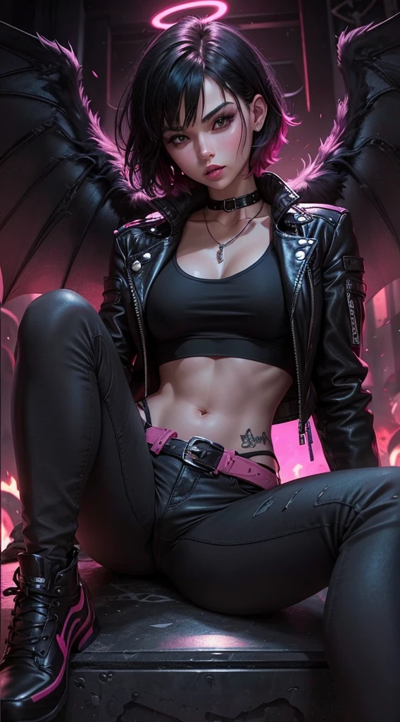 Beautiful girl , sexy slim fit body, short black hair , crop top , mini leather jacket, gorgeous eyes , pink rogue lips , blushed cheeks , Soft skin , demonic wings