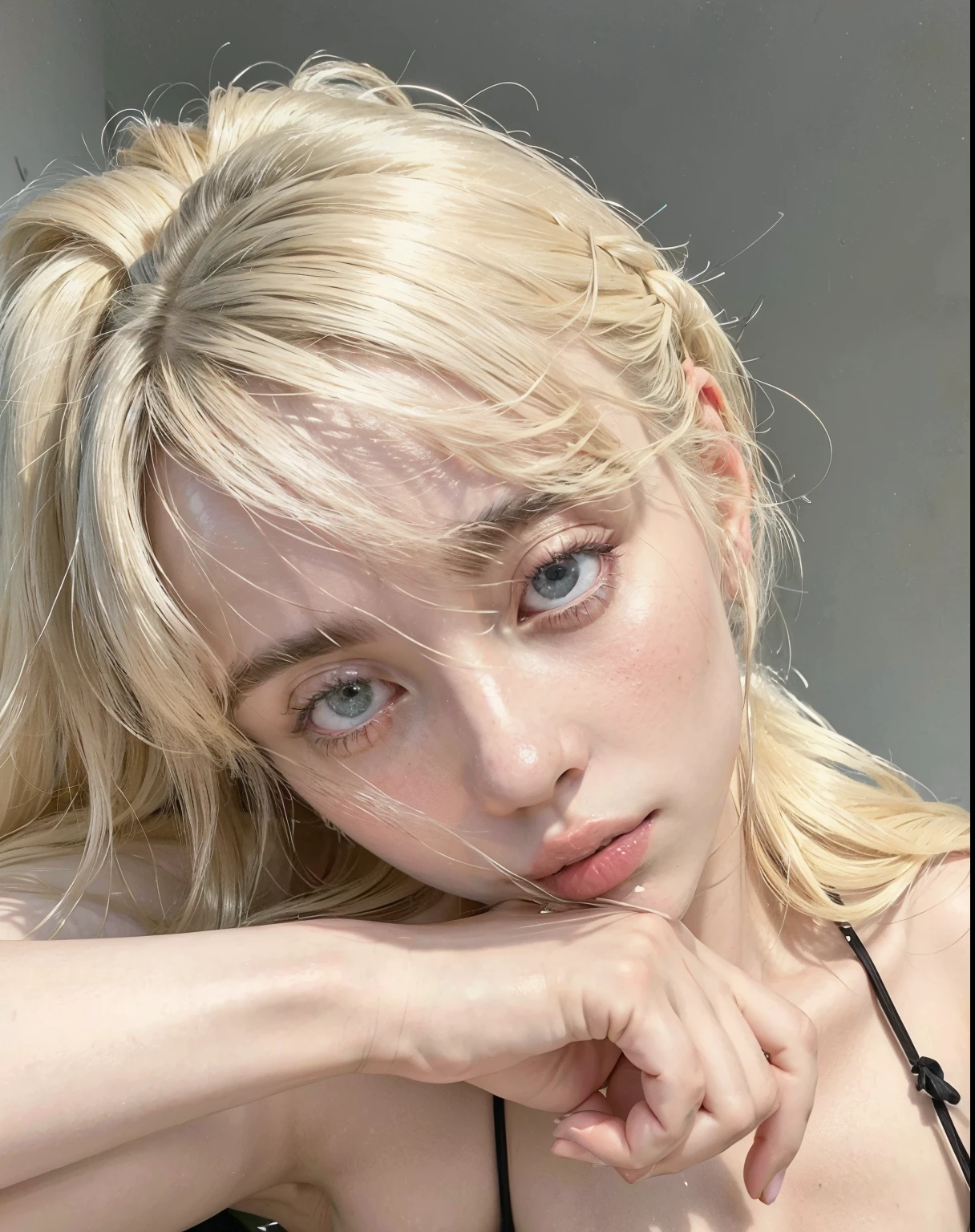 blond woman with long hair posing for a picture in a black bra top, jinyoung shin, roseanne park of blackpink, lalisa manobal, her hair is white, heonhwa choe, long white hair and bangs, janice sung, ulzzang, white hime cut hairstyle, kim doyoung, pale hair, cai xukun, white bangs, bae suzy