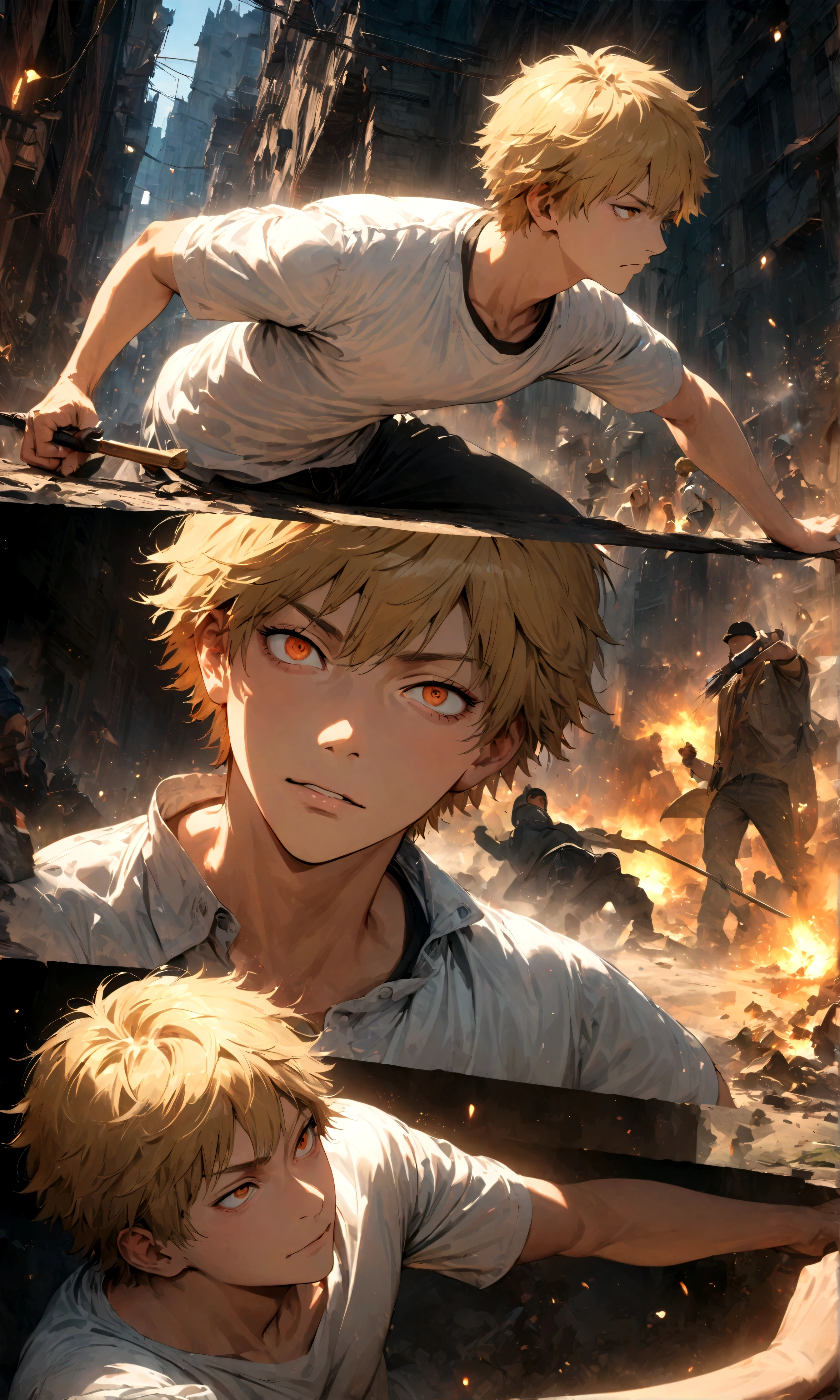 1 male,Denji,Chainsaw Man,Intricate details,,Decadent,artwork,rendering,Dynamic pose,(masterpiece:1.3),(highest quality:1.4),(Super detailed:1.5),High resolution,Very detailed,unity 8k wallpaper,Dark fantasy,Brush strokes,Glare,