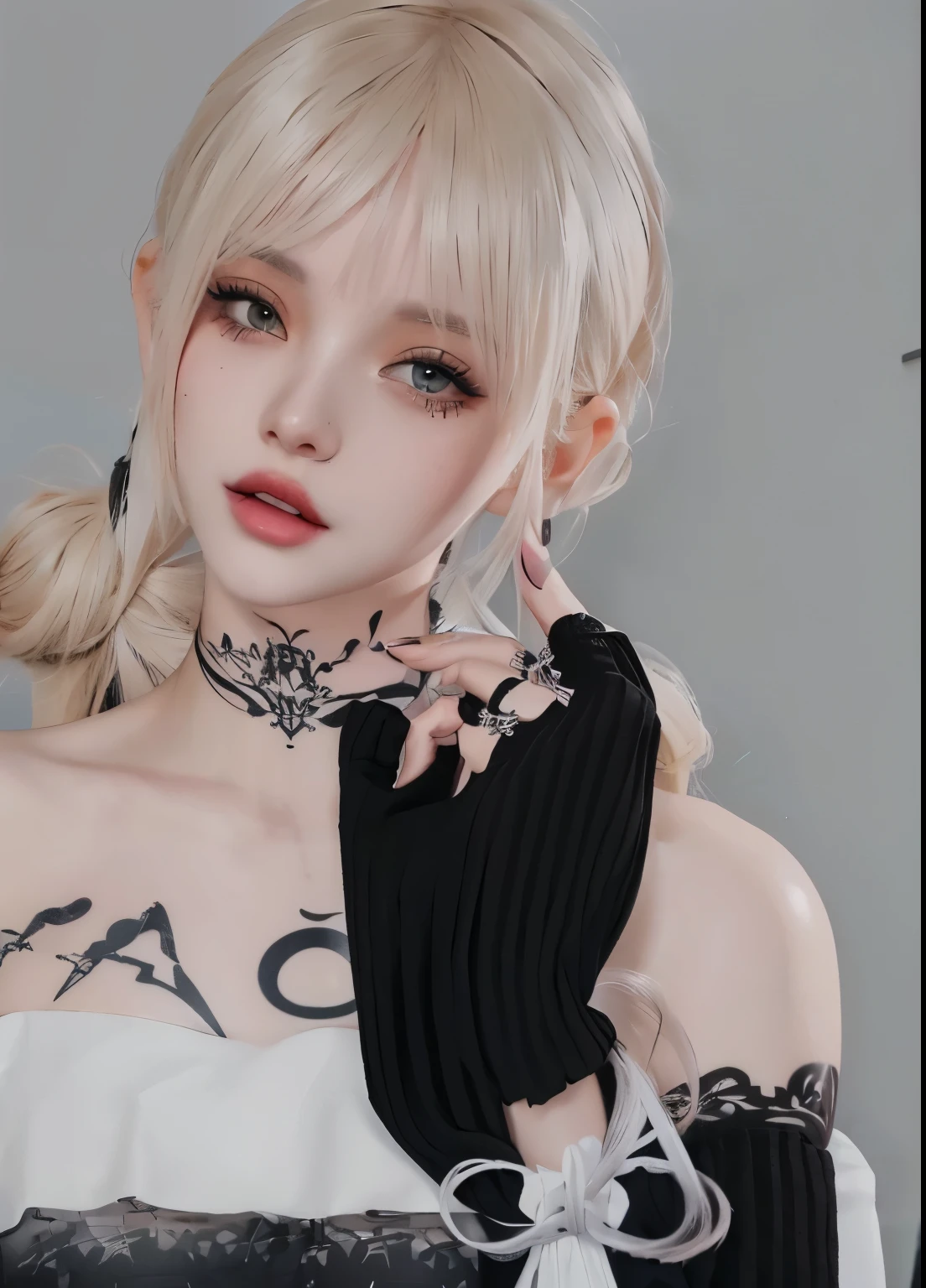 there is a woman with a tattoo on her chest and a black top, imvu, loish |, lblsck hair, twintails white_gloves, (((mist))), second life avatar, tumblr, secondlife, {uncertain look}, inspired by Dulah Marie Evans, tanny skin, wlop glossy skin, inspired by Lily Delissa Joseph,tongue out.