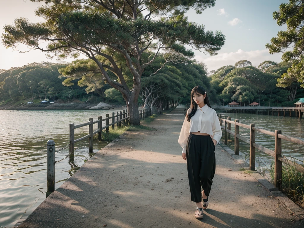 there is a female standing on a path by the water, female ulzzang, near a jetty, taejune kim, cai xukun, beach trees in the background, in front of a forest background, jinyoung shin, mid shot portrait, full body photogenic shot, inspired by Yeong-Hao Han, set on singaporean aesthetic, tsunami behind him, jung jaehyun
