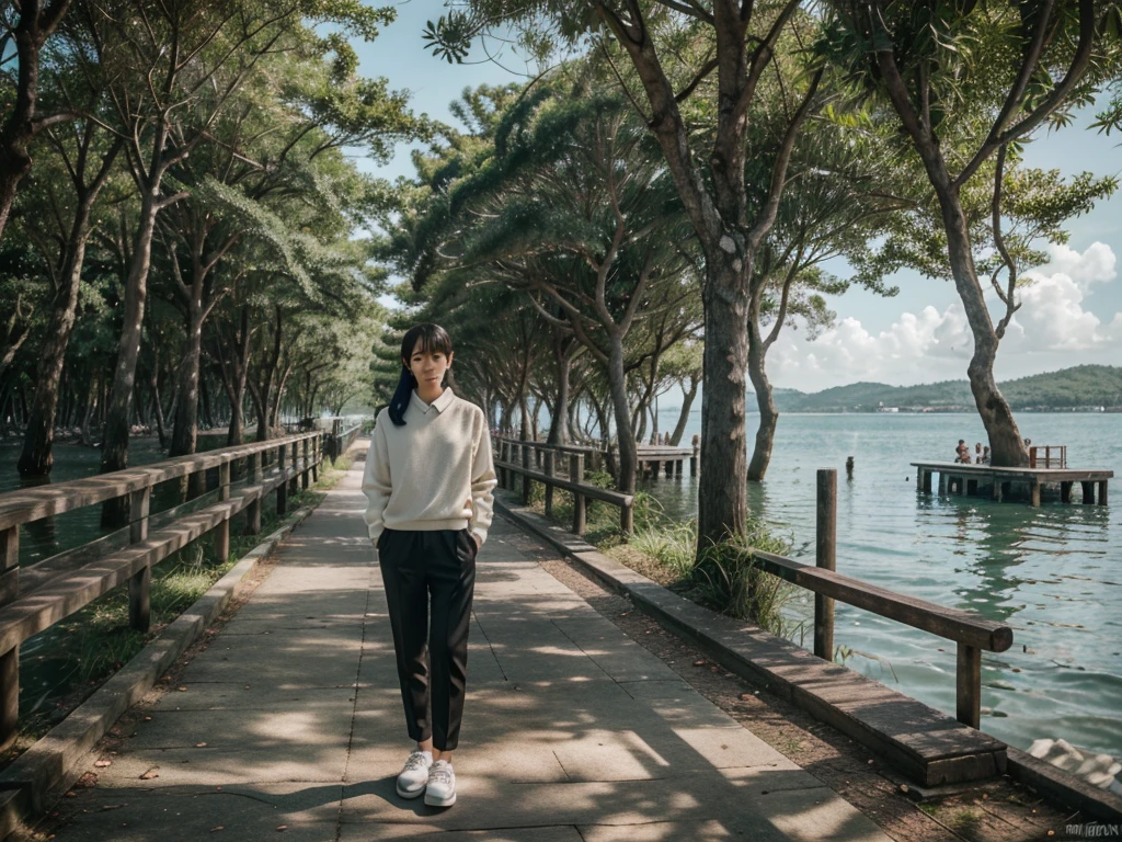 there is a female standing on a path by the water, female ulzzang, near a jetty, taejune kim, cai xukun, beach trees in the background, in front of a forest background, jinyoung shin, mid shot portrait, full body photogenic shot, inspired by Yeong-Hao Han, set on singaporean aesthetic, tsunami behind him, jung jaehyun