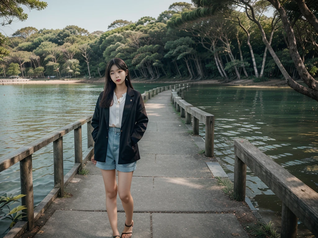 there is a female standing on a path by the water, female ulzzang, near a jetty, taejune kim, cai xukun, beach trees in the background, in front of a forest background, jinyoung shin, mid shot portrait, full body photogenic shot, inspired by Yeong-Hao Han, set on singaporean aesthetic, tsunami behind him, jung jaehyun