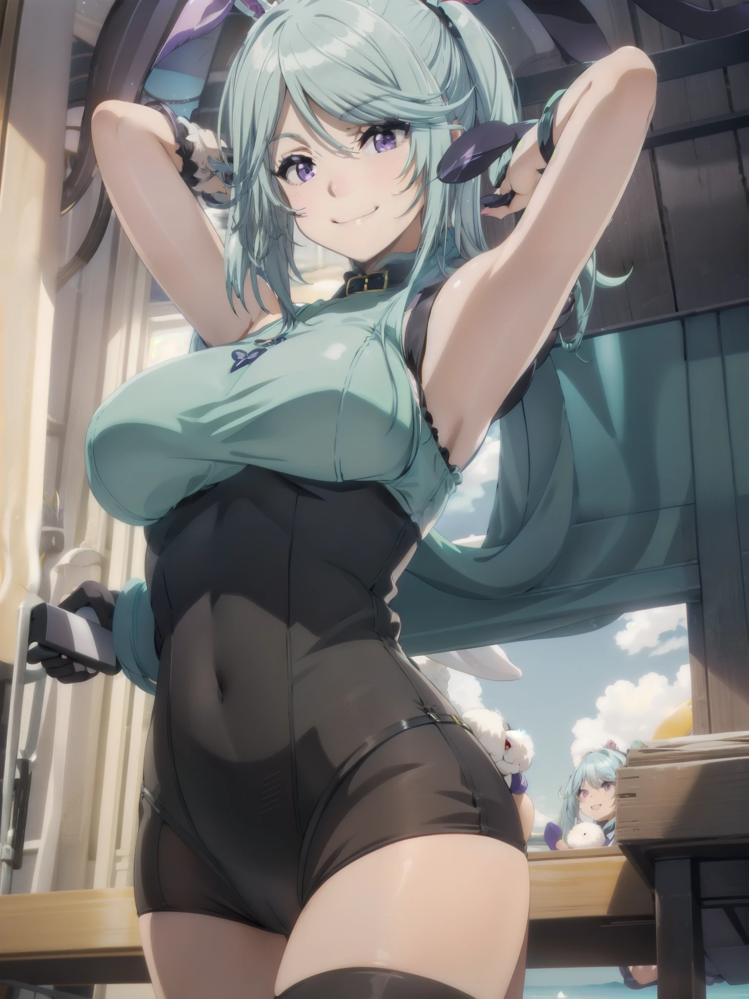 1girl, twintails, purple eyes, long hair, blue hair, navel,(((bunny suit,craft stockings,bunny ears))), from below,on the beach,((smile,joy,happy))