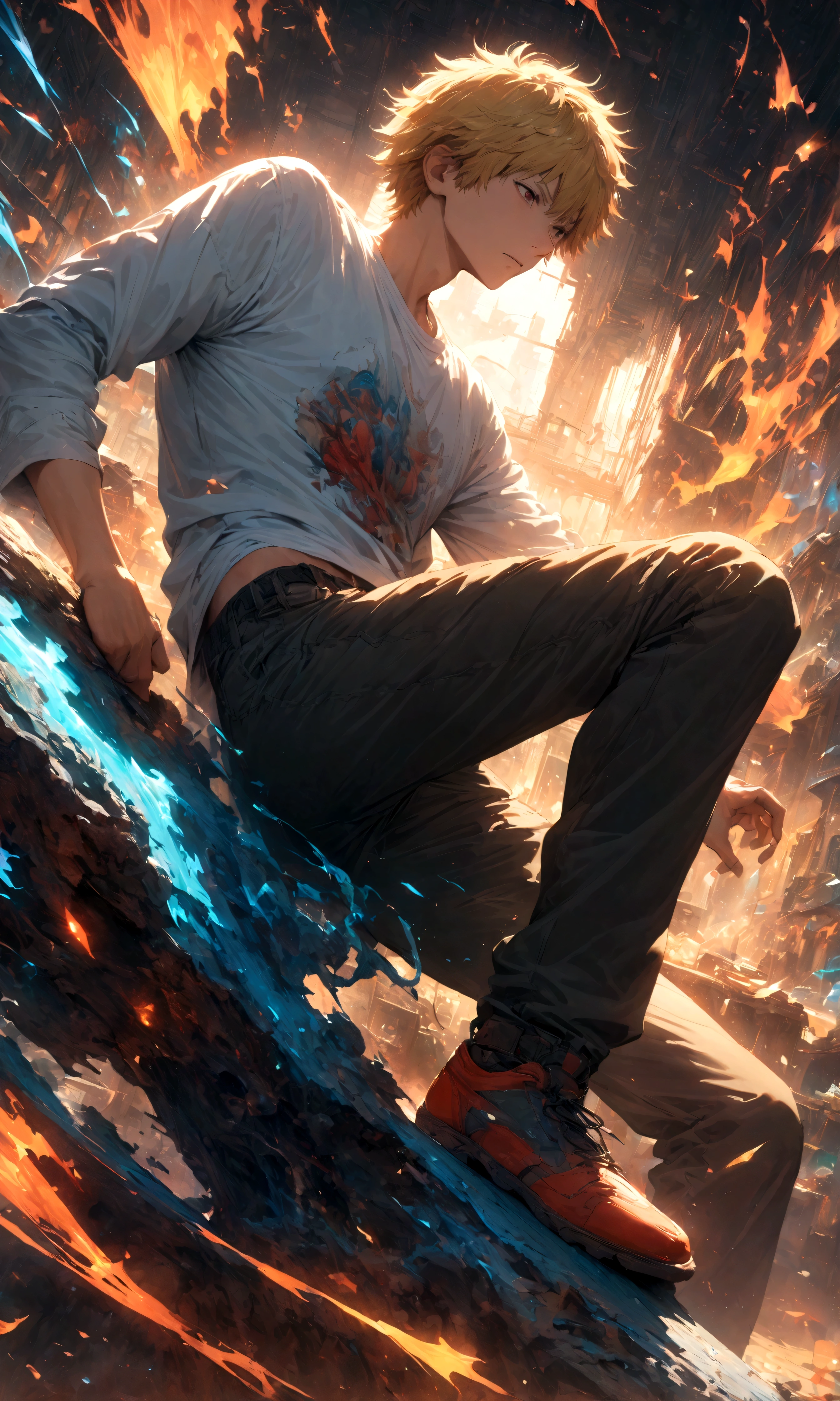 (1 male,Denji,Blonde,whiteTshirt,Casual wear),Characters from Chainsaw Man,Intricate details,Dynamic Pose,Decadent,artwork,rendering,(masterpiece:1.3),(highest quality:1.4),(Super detailed:1.5),High resolution,Very detailed,unity 8k wallpaper,Dark fantasy,Brush strokes,Glare,A scene from everyday life,